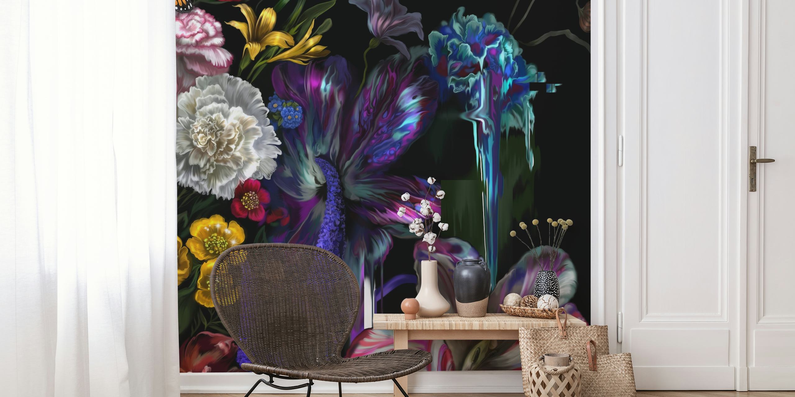 Vibrant floral design with colorful flowers on a black background wallpaper