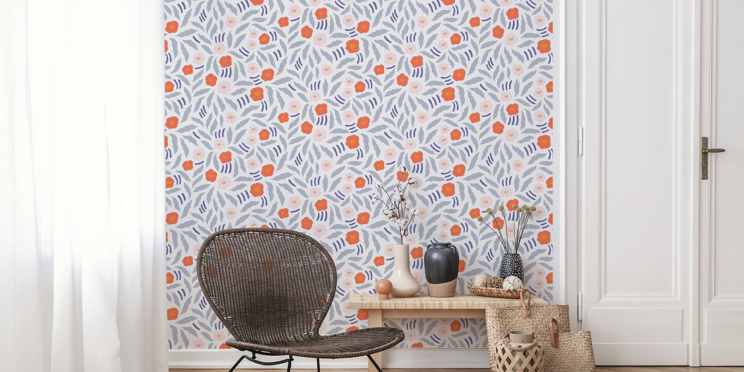 Artistic representation of 'Free Flow Flowers' wall mural with vibrant botanical patterns