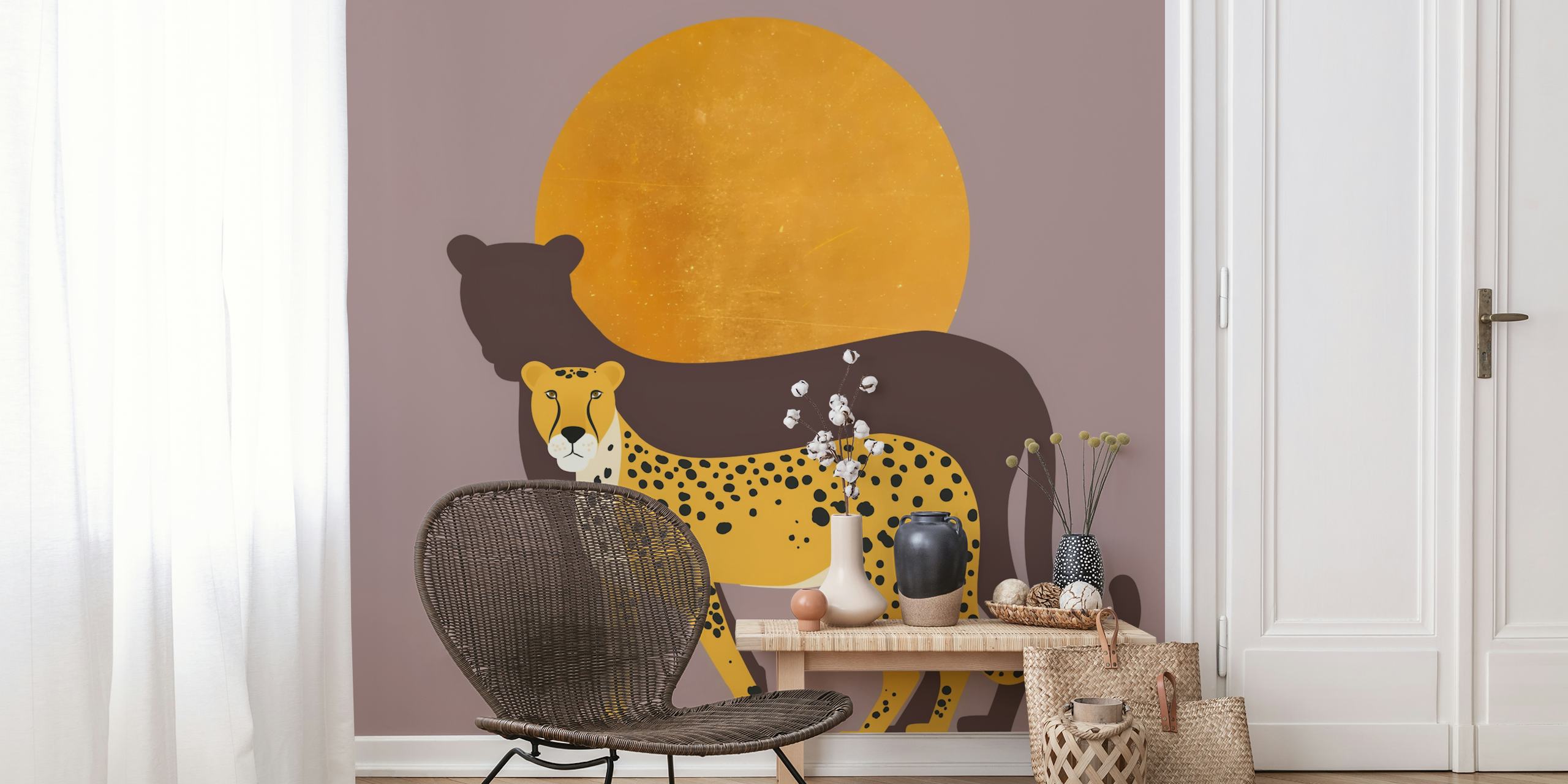 Cheerful golden cheetah and lion silhouette on earthy brown background wallpaper
