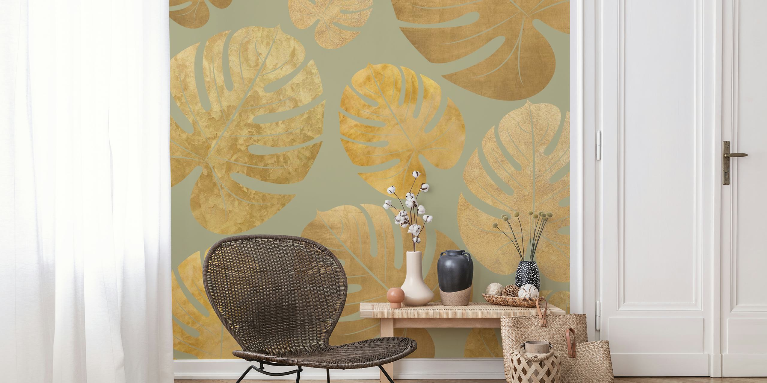 Papier peint mural feuille de palmier vert mousse et or