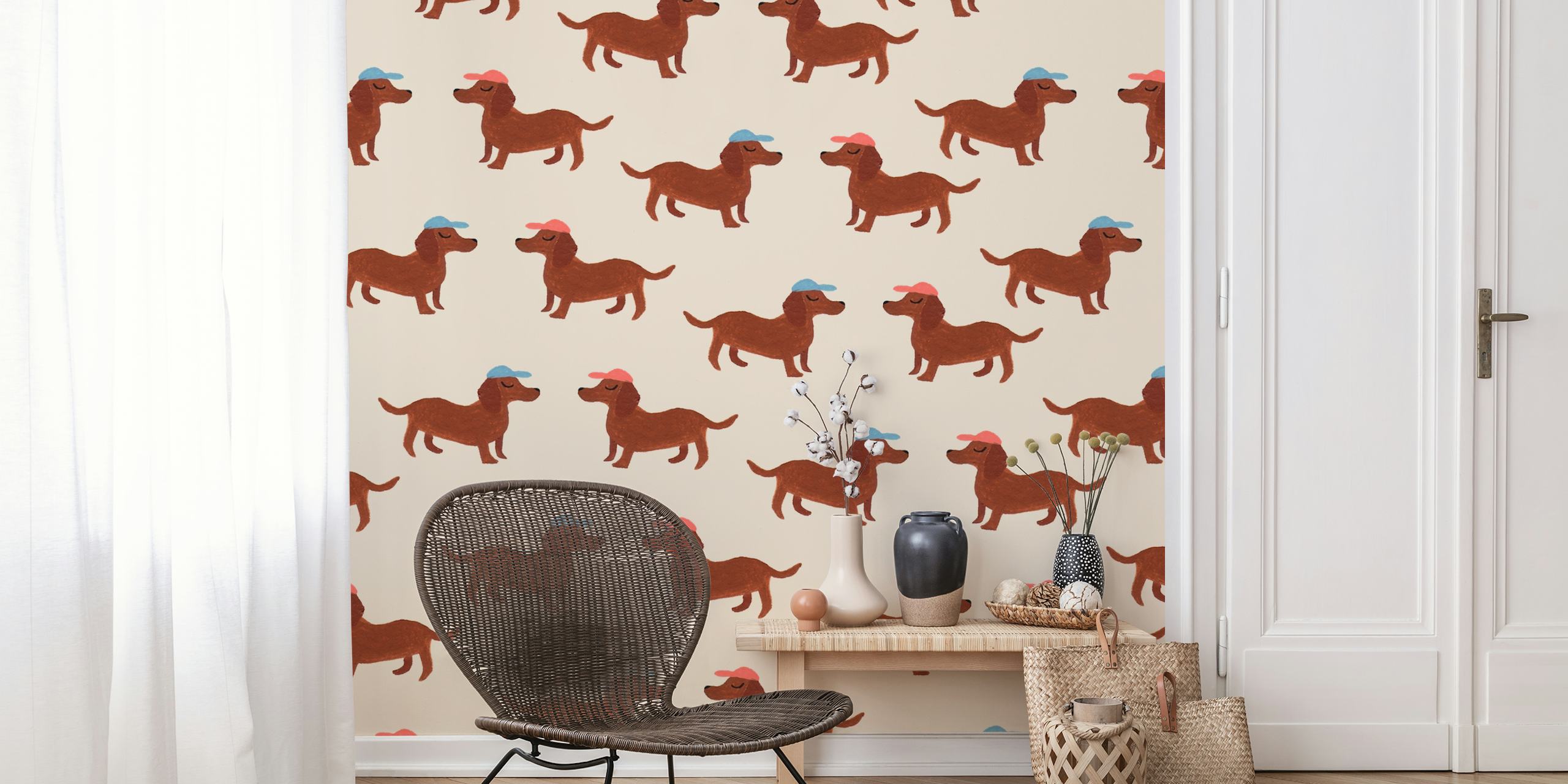Dachshunds with hats carta da parati in una stanza