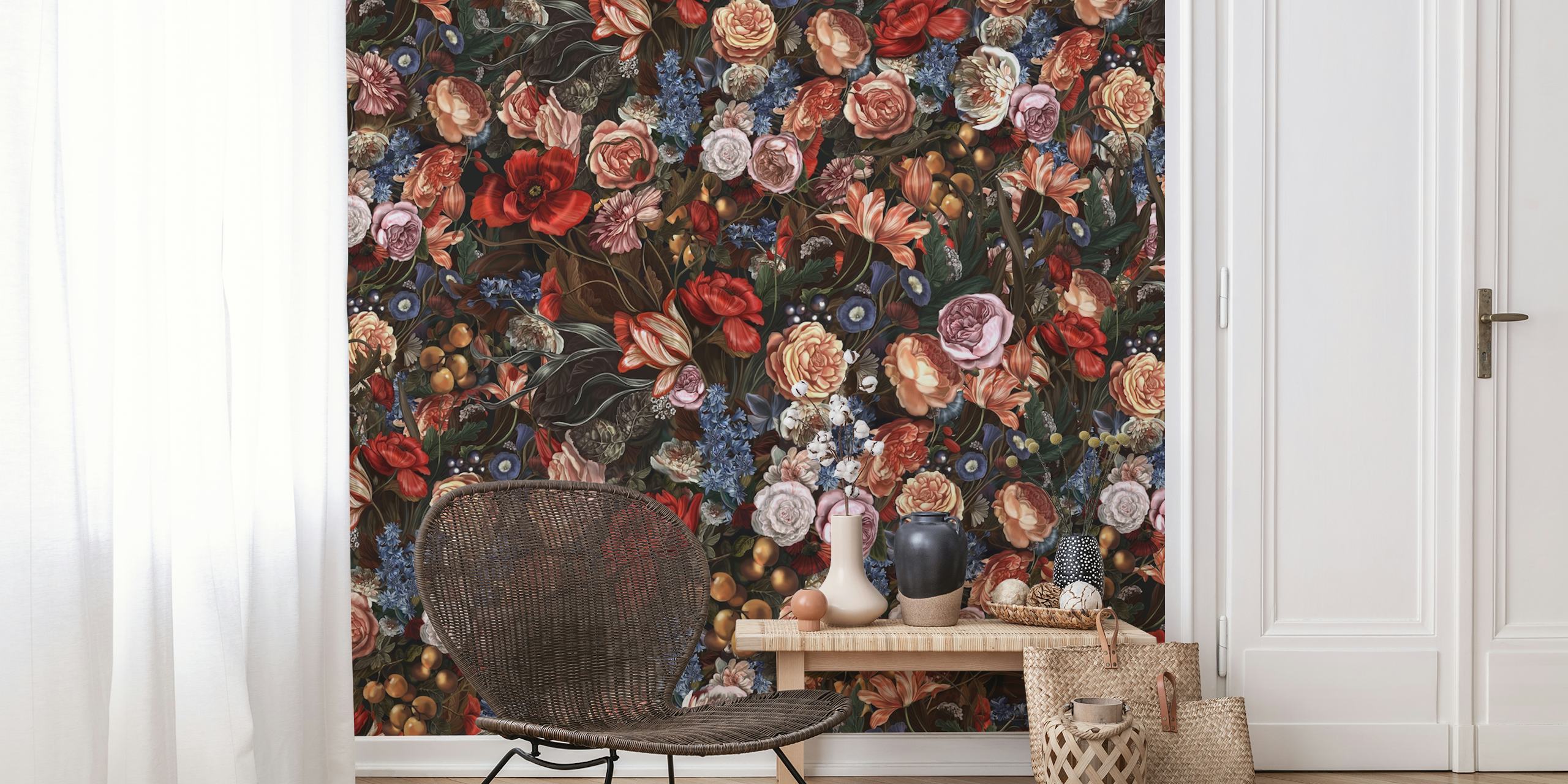 Floral pattern with roses, peonies, and blue flowers on dark background wallpaper