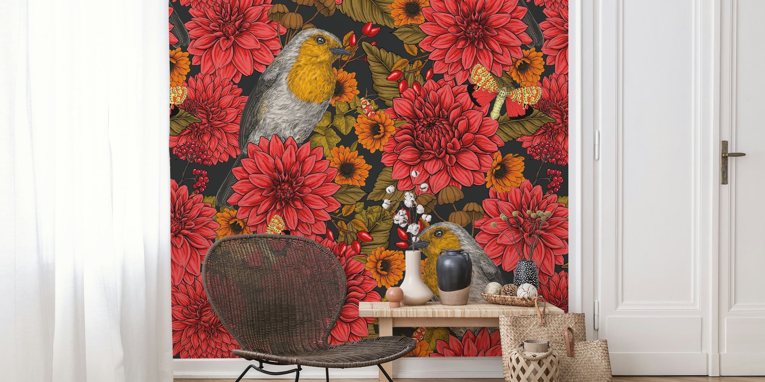 Colorful robins and flowers on a dark background wallpaper