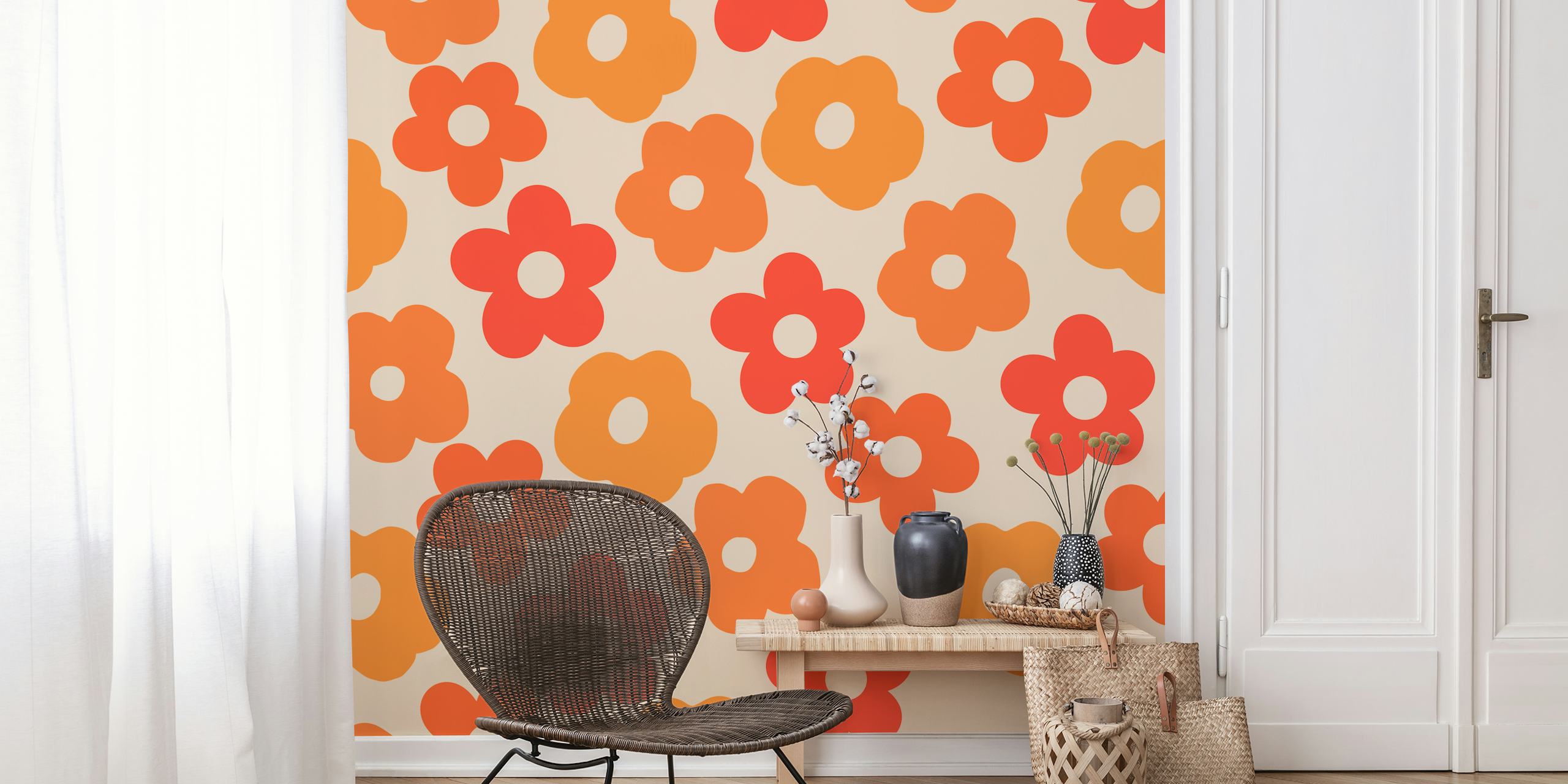 Retro tusenfryd 1970-tallsfarger veggmaleri med oransje og gule blomster på en beige bakgrunn