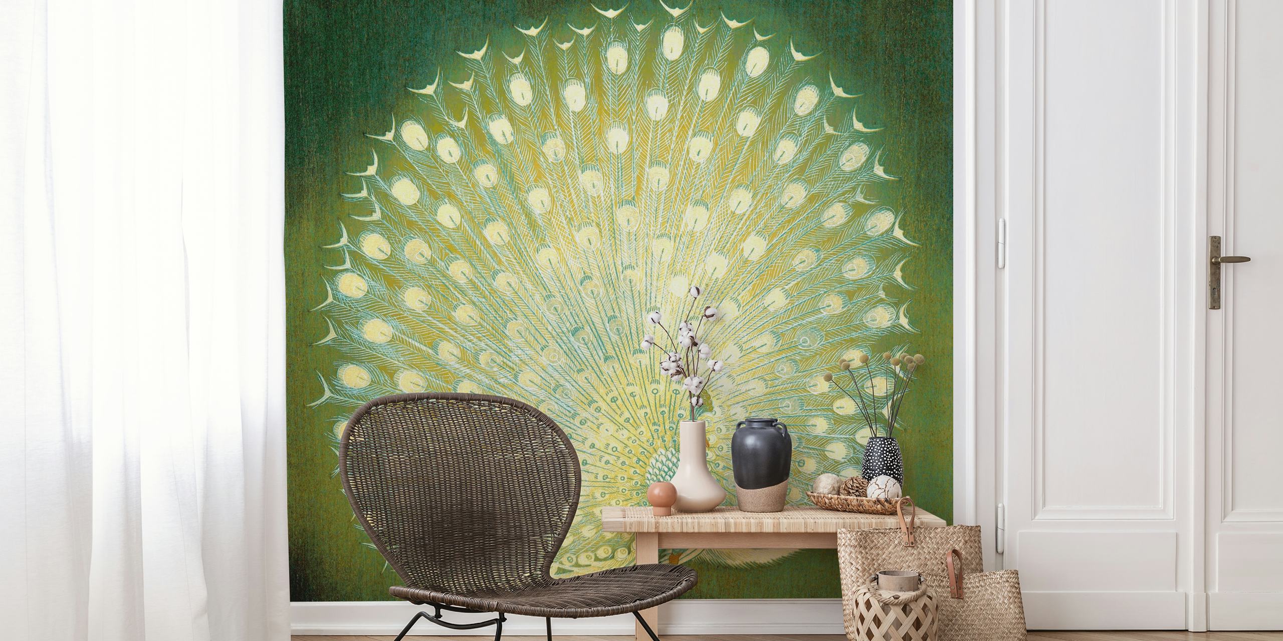 Peacock with green background in floral pattern wallpaper