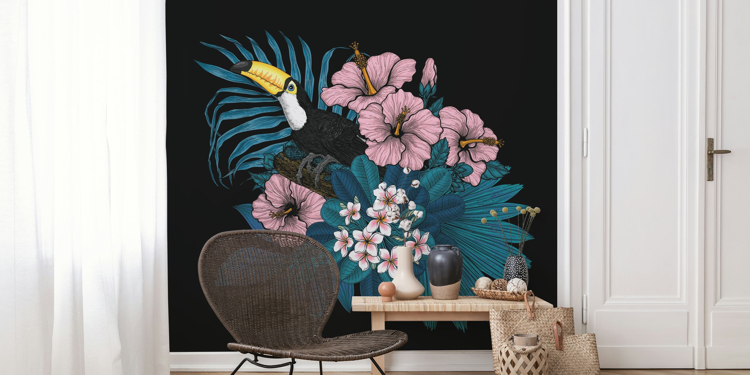 Toucan og tropisk flora tapetdesign