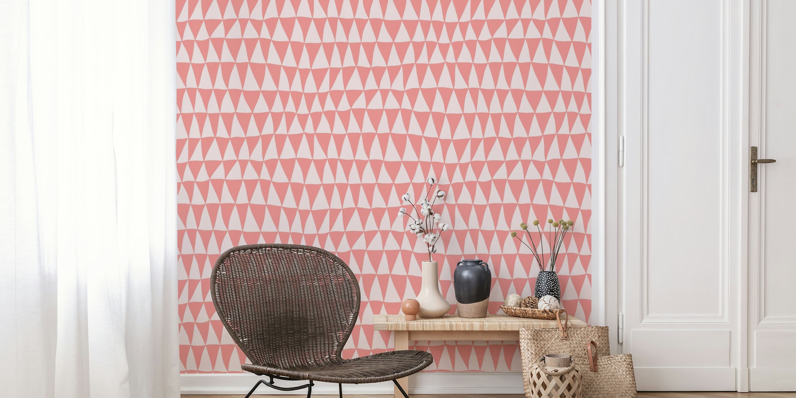 Coral pink wallpaper with geometric triangle patterns in white.
