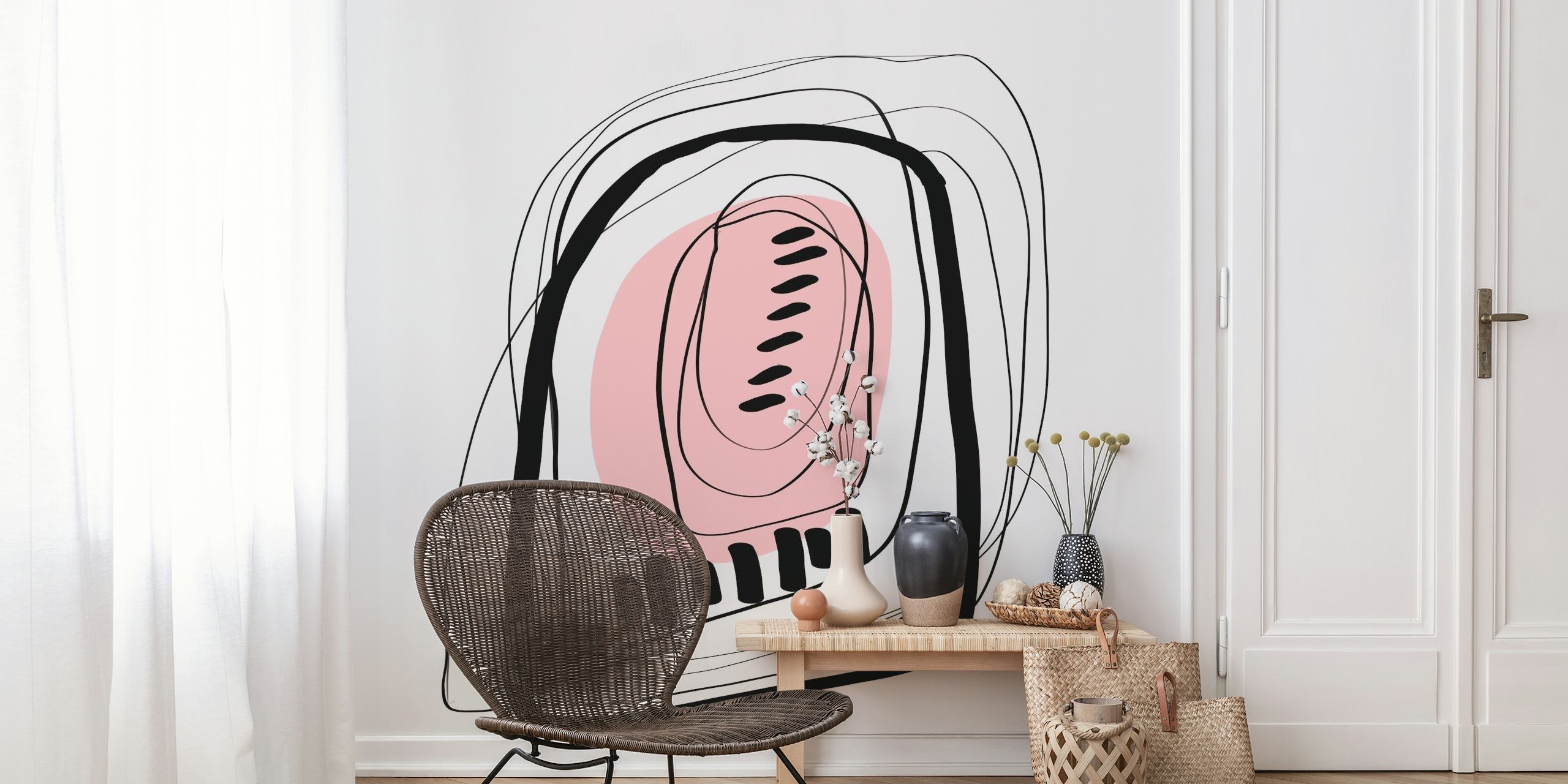 Abstrakti minimalistinen seinämaalaus, jossa pehmeät vaaleanpunaiset ja mustat muodot neutraalilla taustalla