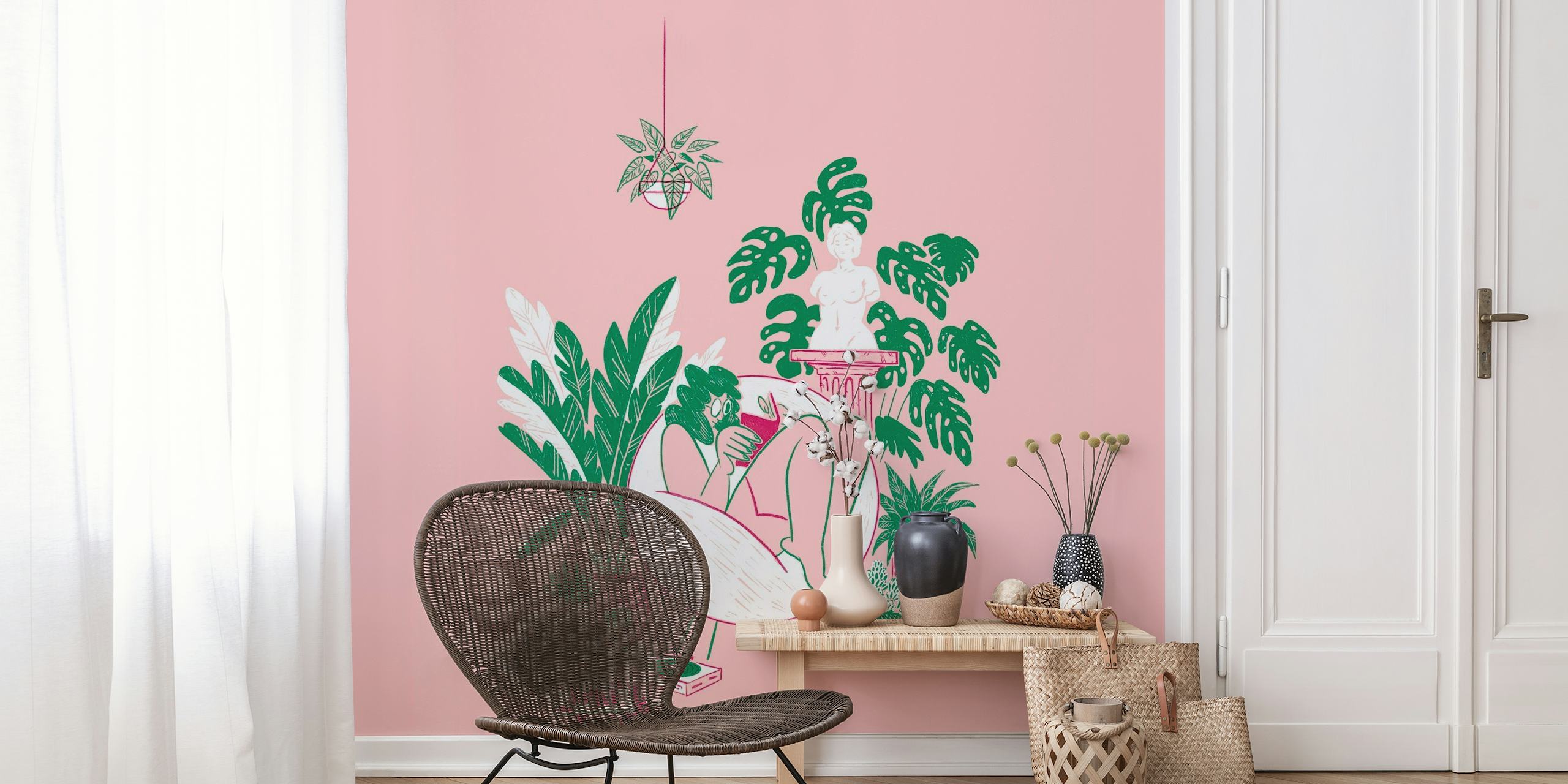 Illustrasjon av person omgitt av potteplanter på rosa bakgrunn, som fanger en rolig innendørs hagescene.