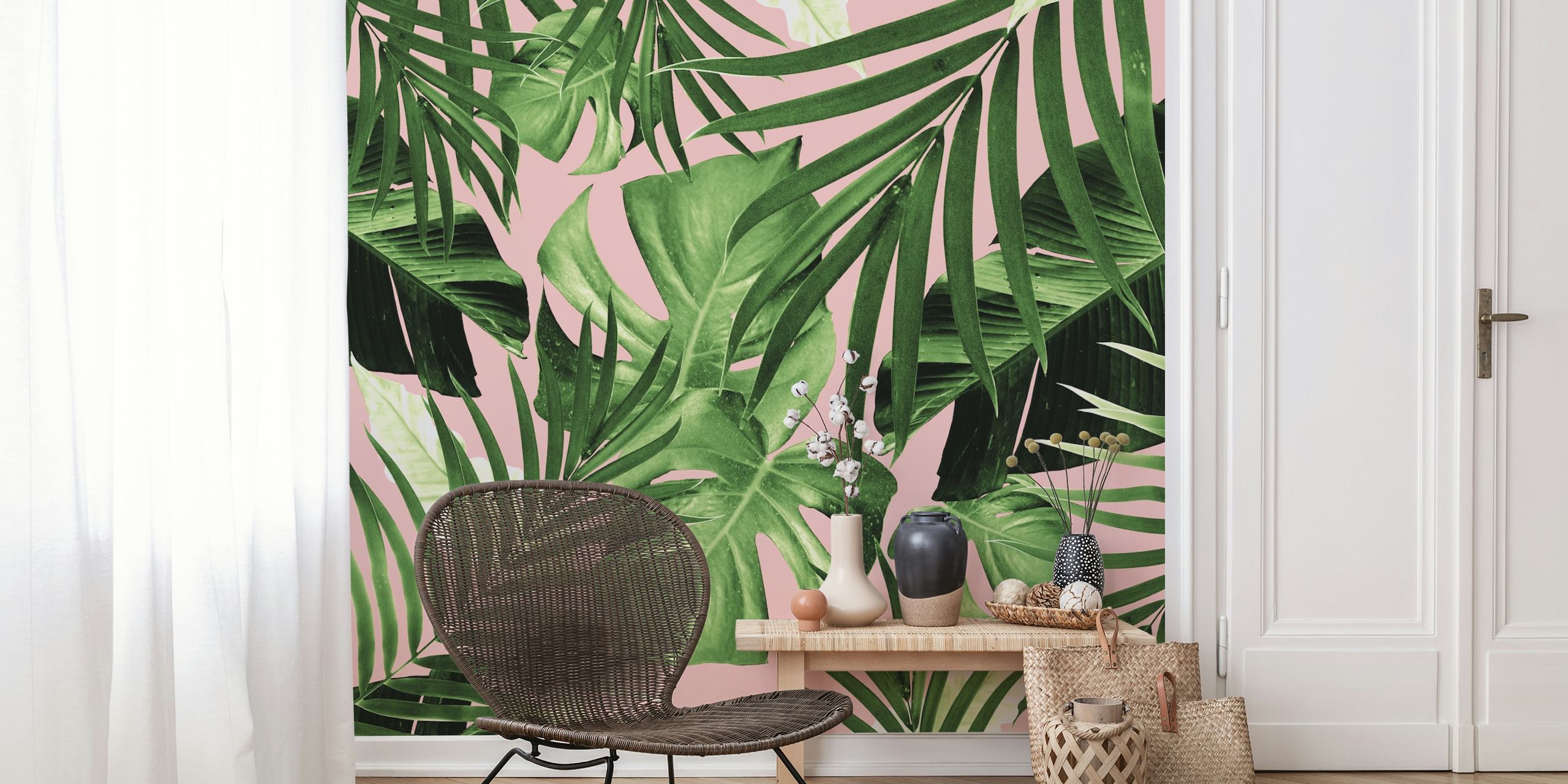 Fototapeta Liście tropikalnej dżungli z różowym tłem