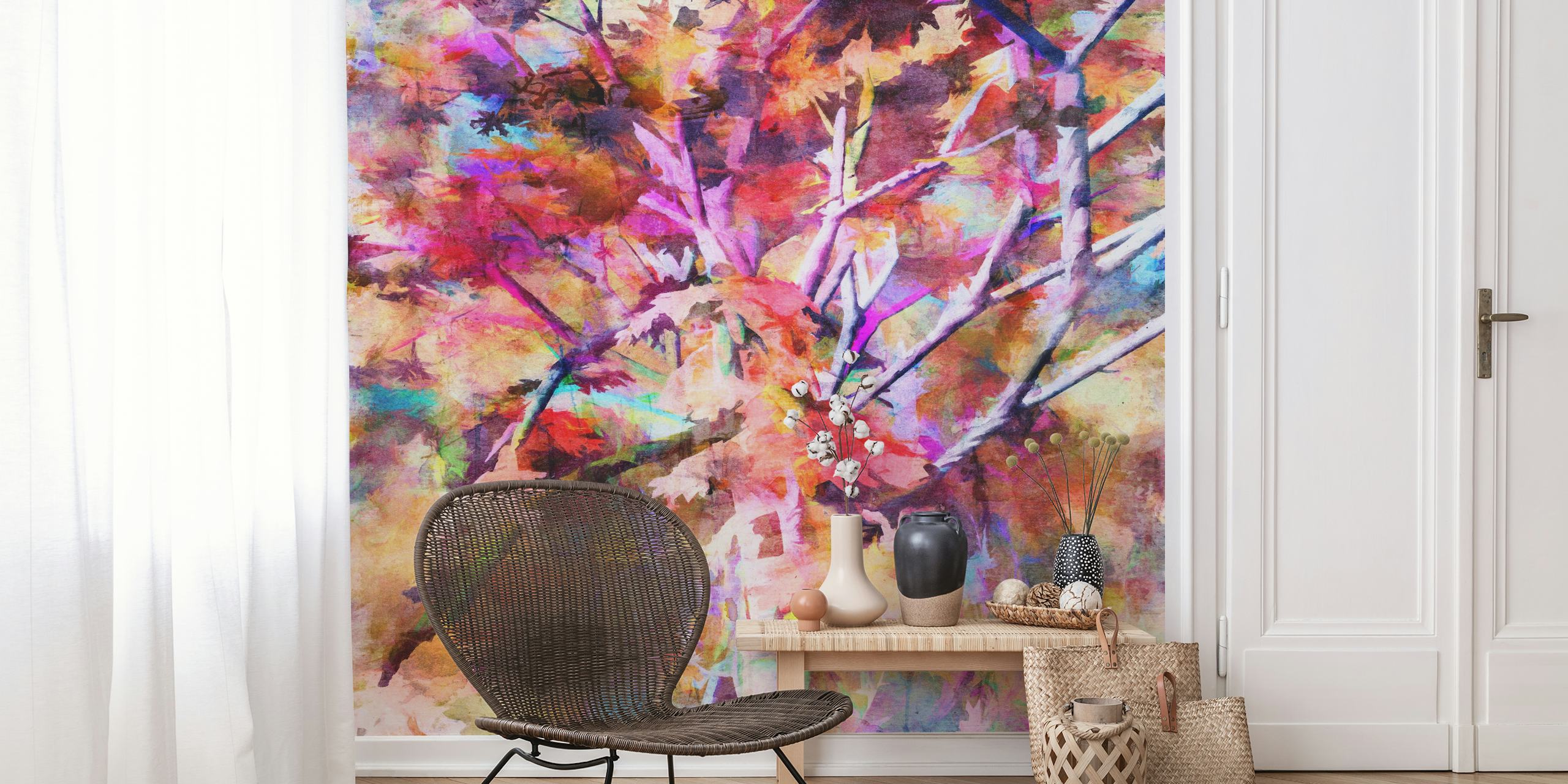 Colorful autumn tree branches with leaves in warm hues wallpaper