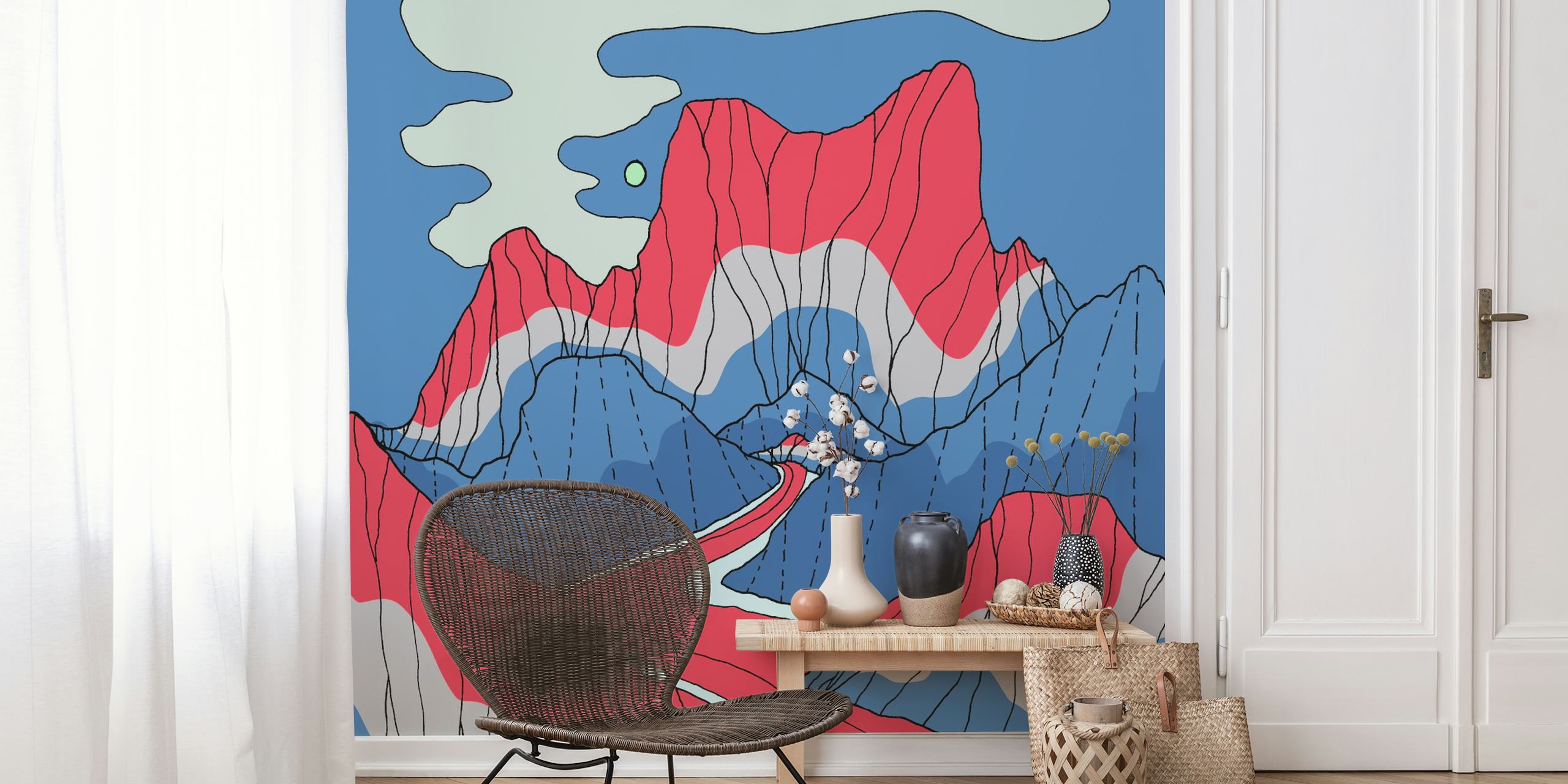 Red white and blue mountain carta da parati in una stanza