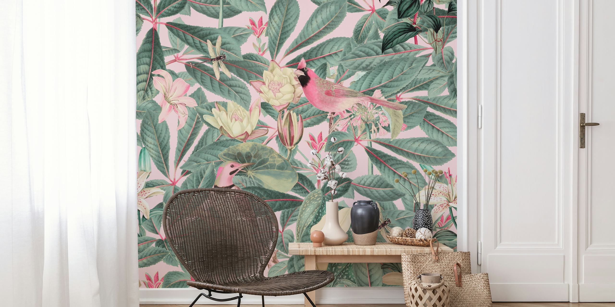 Botanisch patroon met vogels en bloemen in pastelkleuren wallpaper