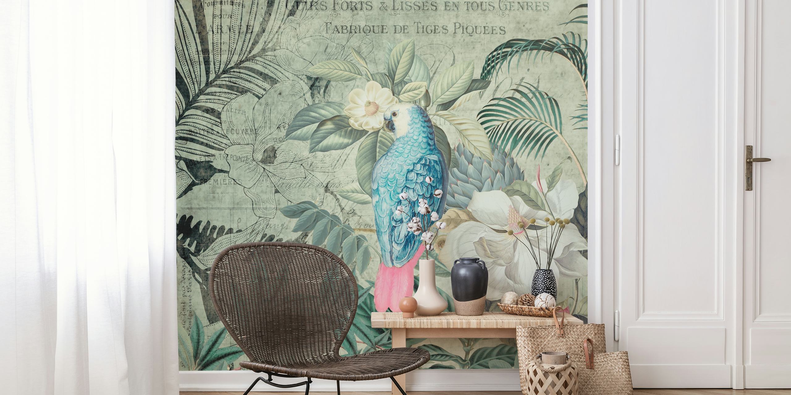 A colorful parrot perched among tropical foliage and flowers in the Kingdom of Birds wallpaper mural.