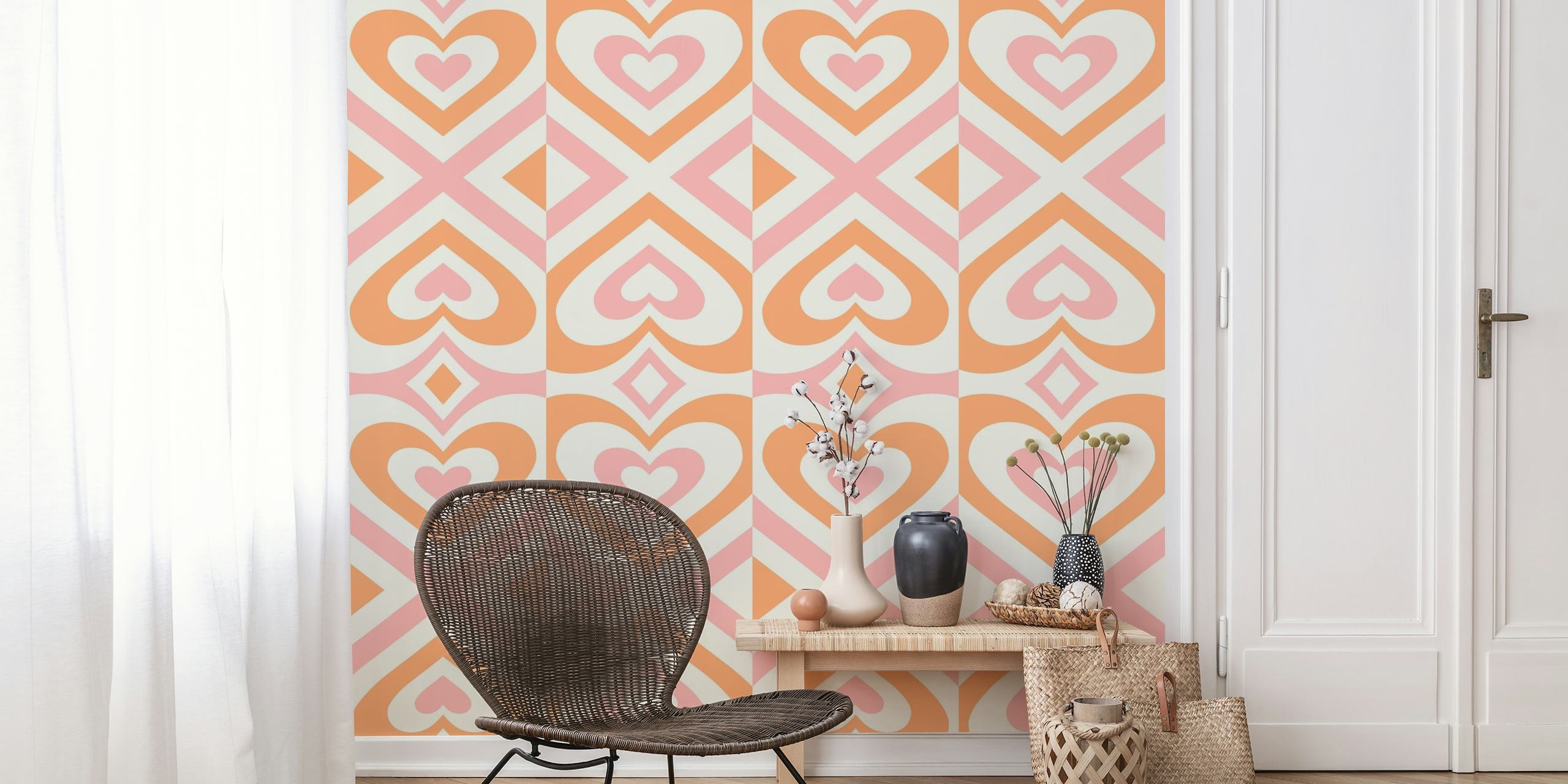 Mural de parede Hypnotic Hearts Patterns em cores quentes com desenhos de coração entrelaçados