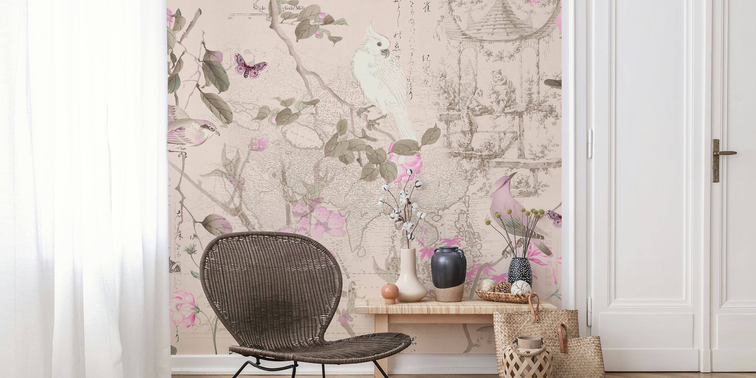Spring Birds Chinoiserie Pink design de papel de parede