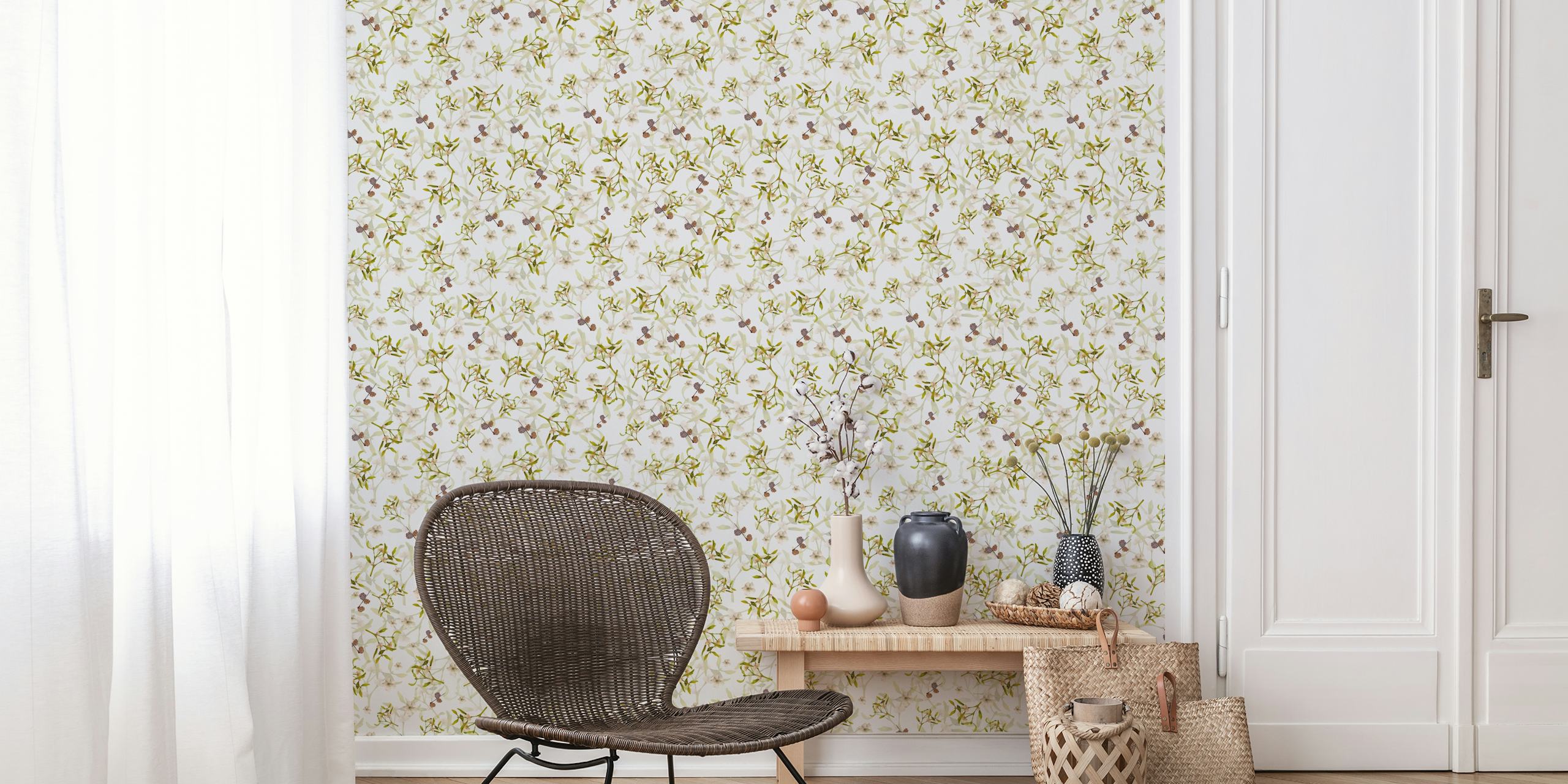 Delicate white floral pattern with green leaves wallpaper