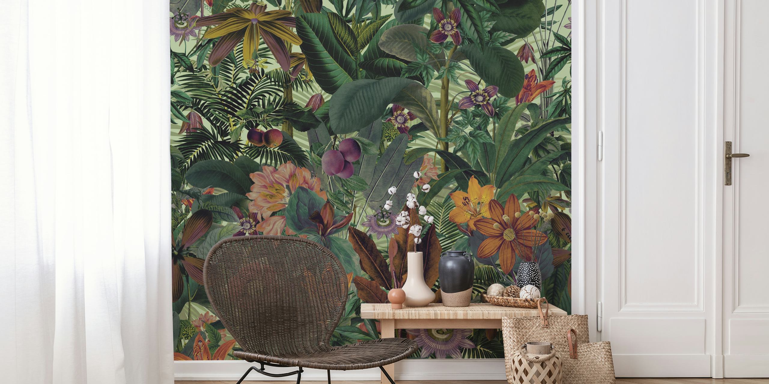 Vibrant floral jungle design with green and colorful flowers wallpaper