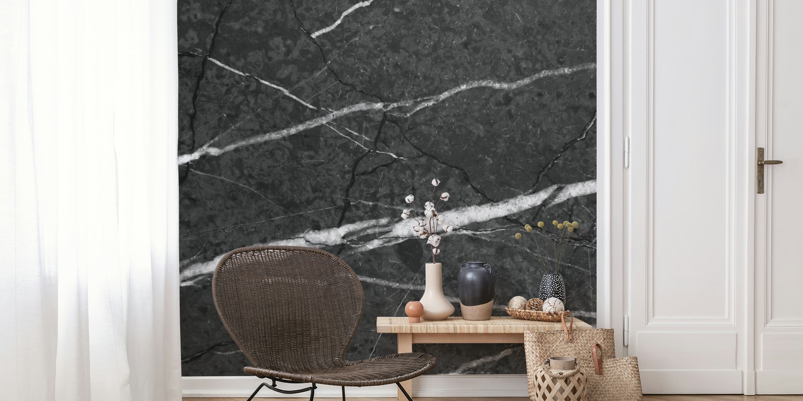 Black marble wallpaper with white veining and cracks, modern style