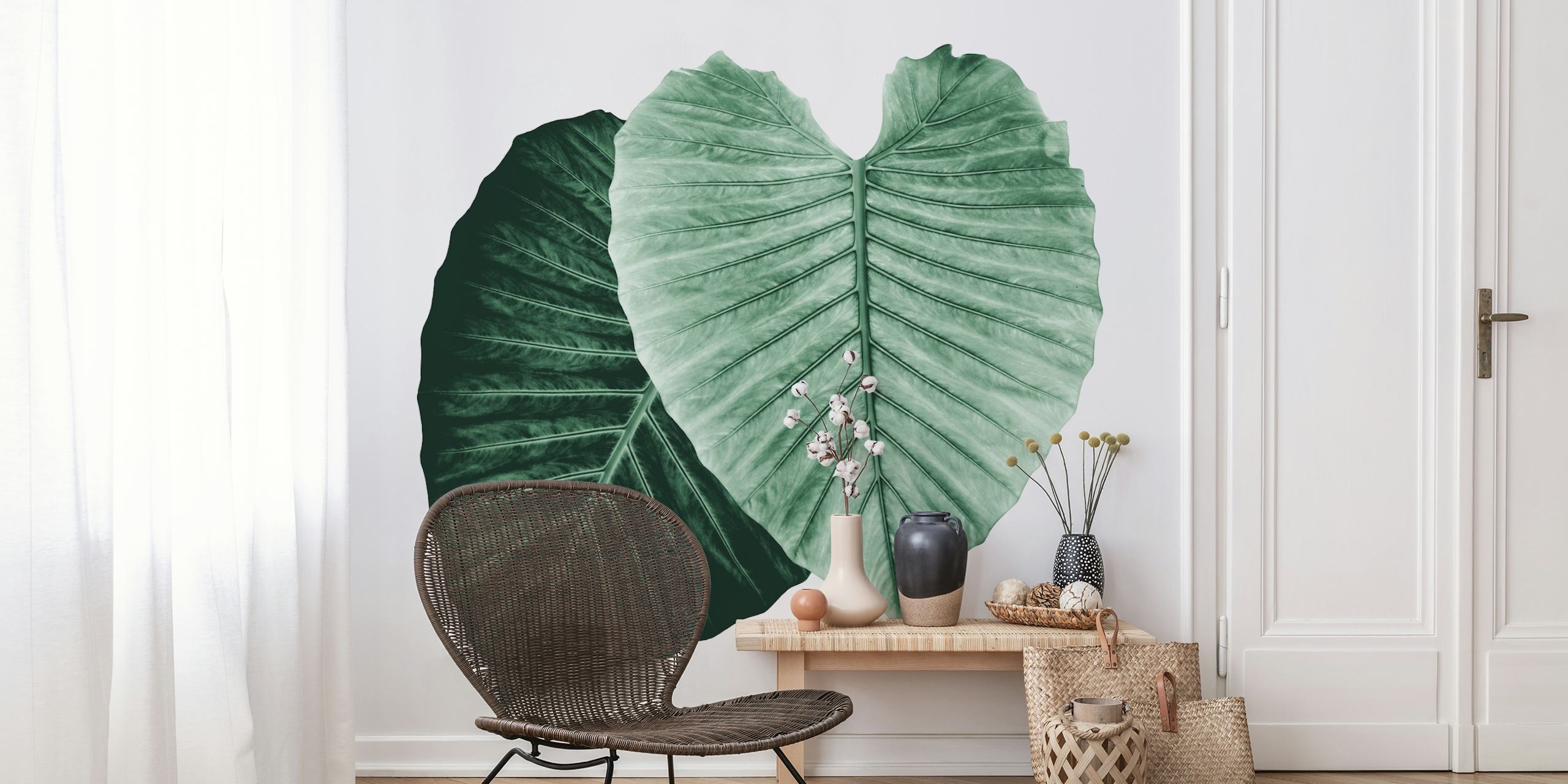 Large green leaves on a light background wallpaper