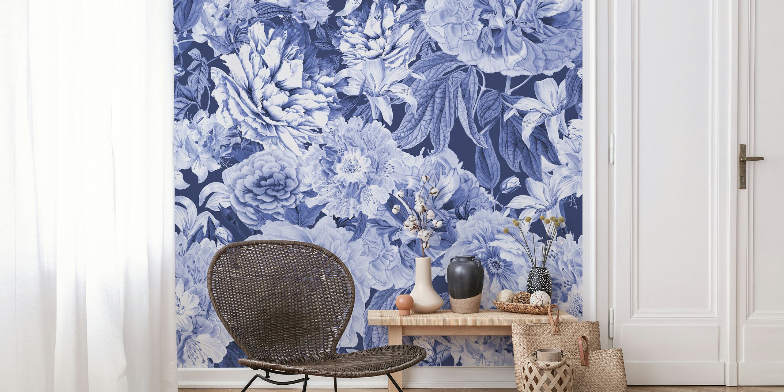 Exhibición de papel pintado Blue Nostalgic Flower Pattern