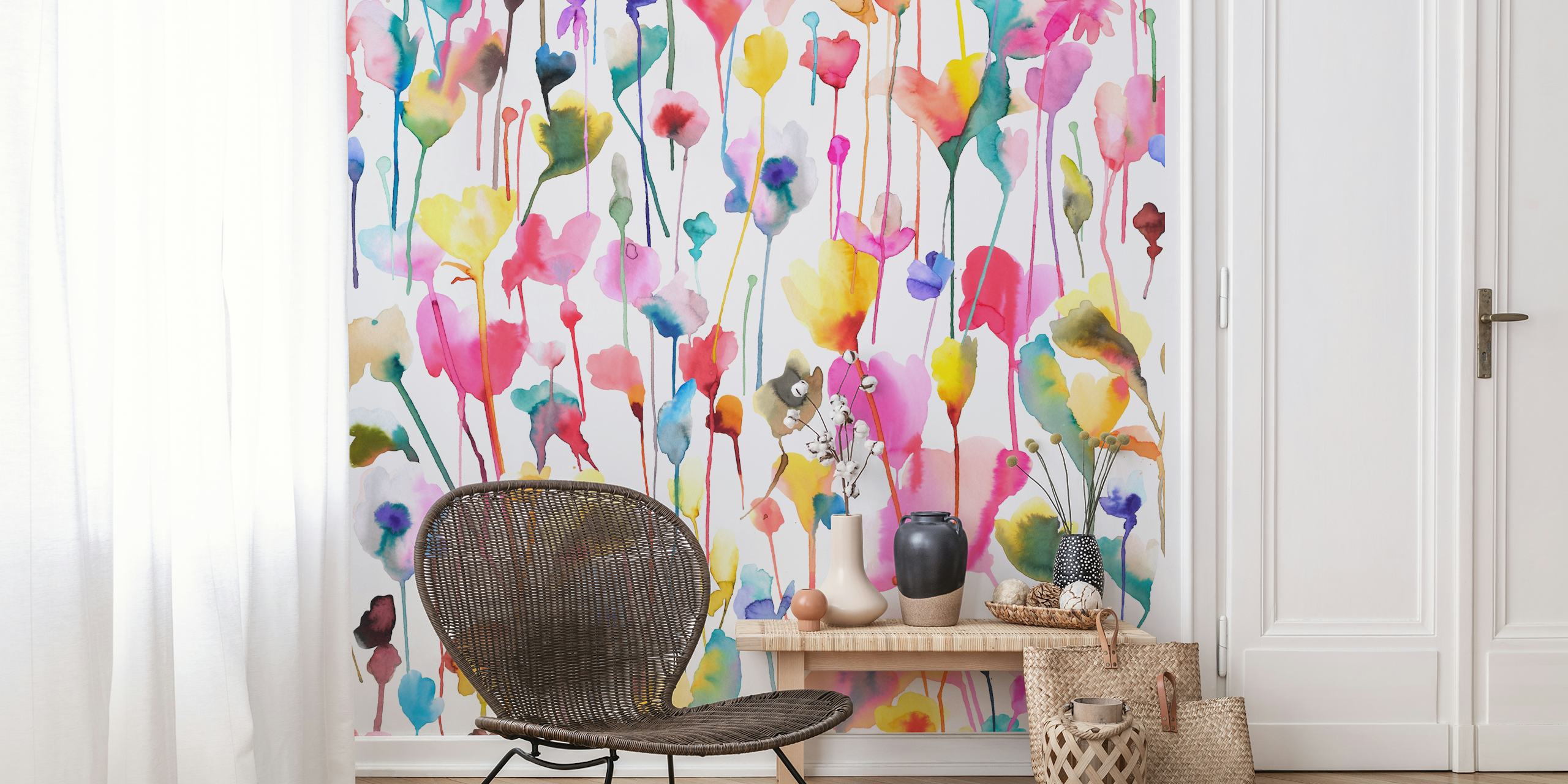 Colorful watercolor wildflowers with pink, yellow, blue hues floral wallpaper