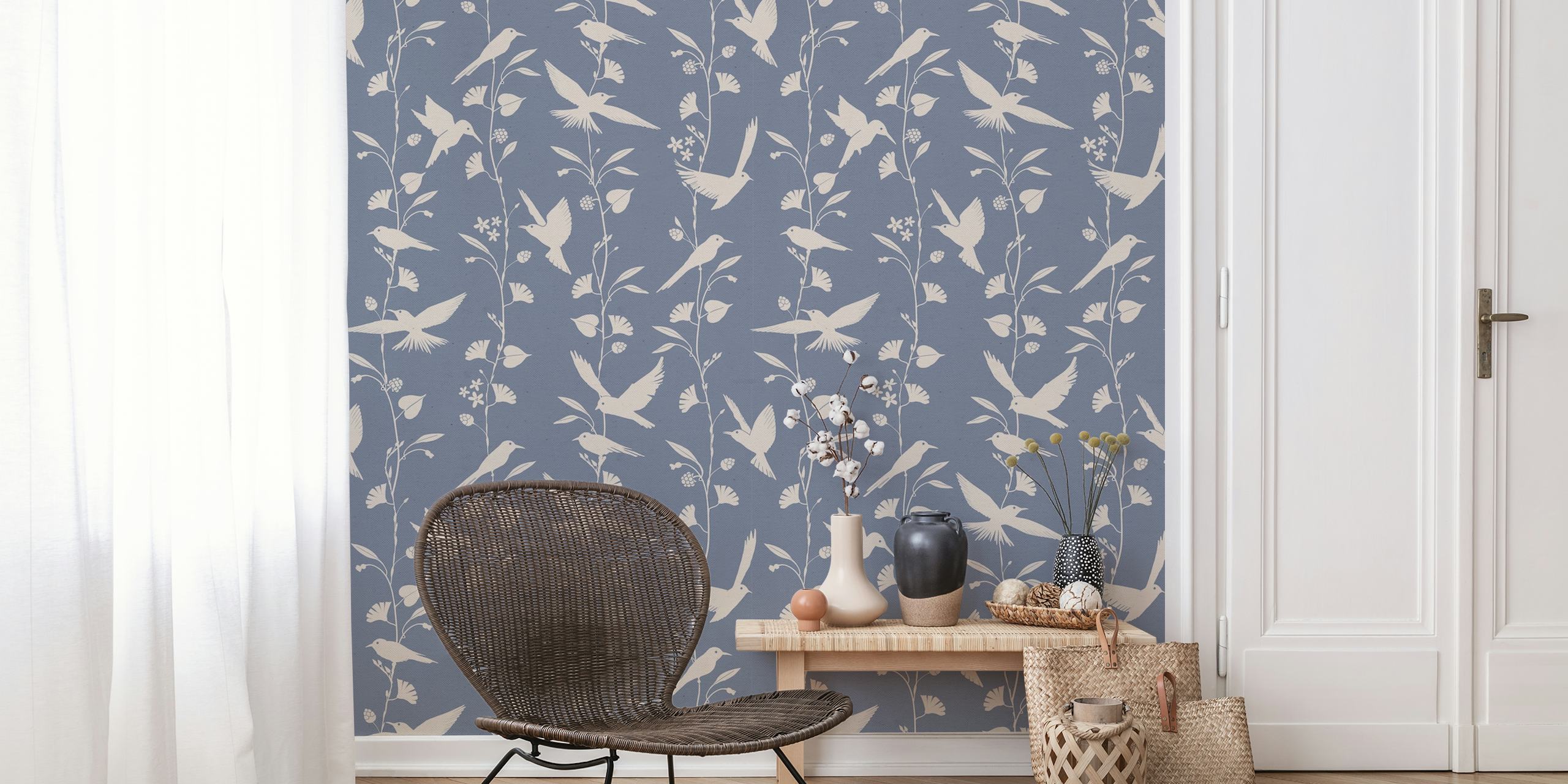 Birds and floral patterns in blue and cream wallpaper