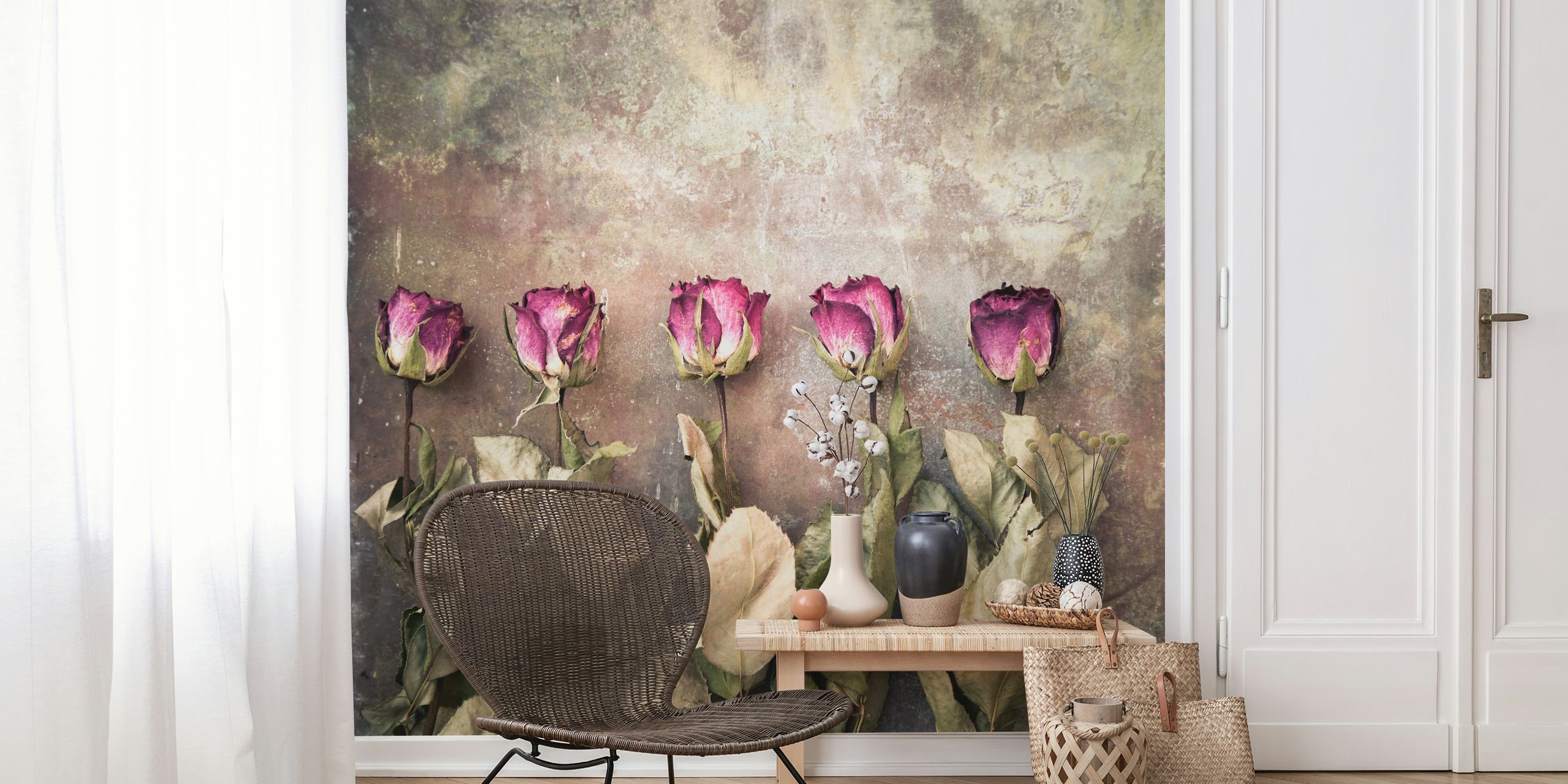 Five dried roses with purple petals and green leaves wallpaper