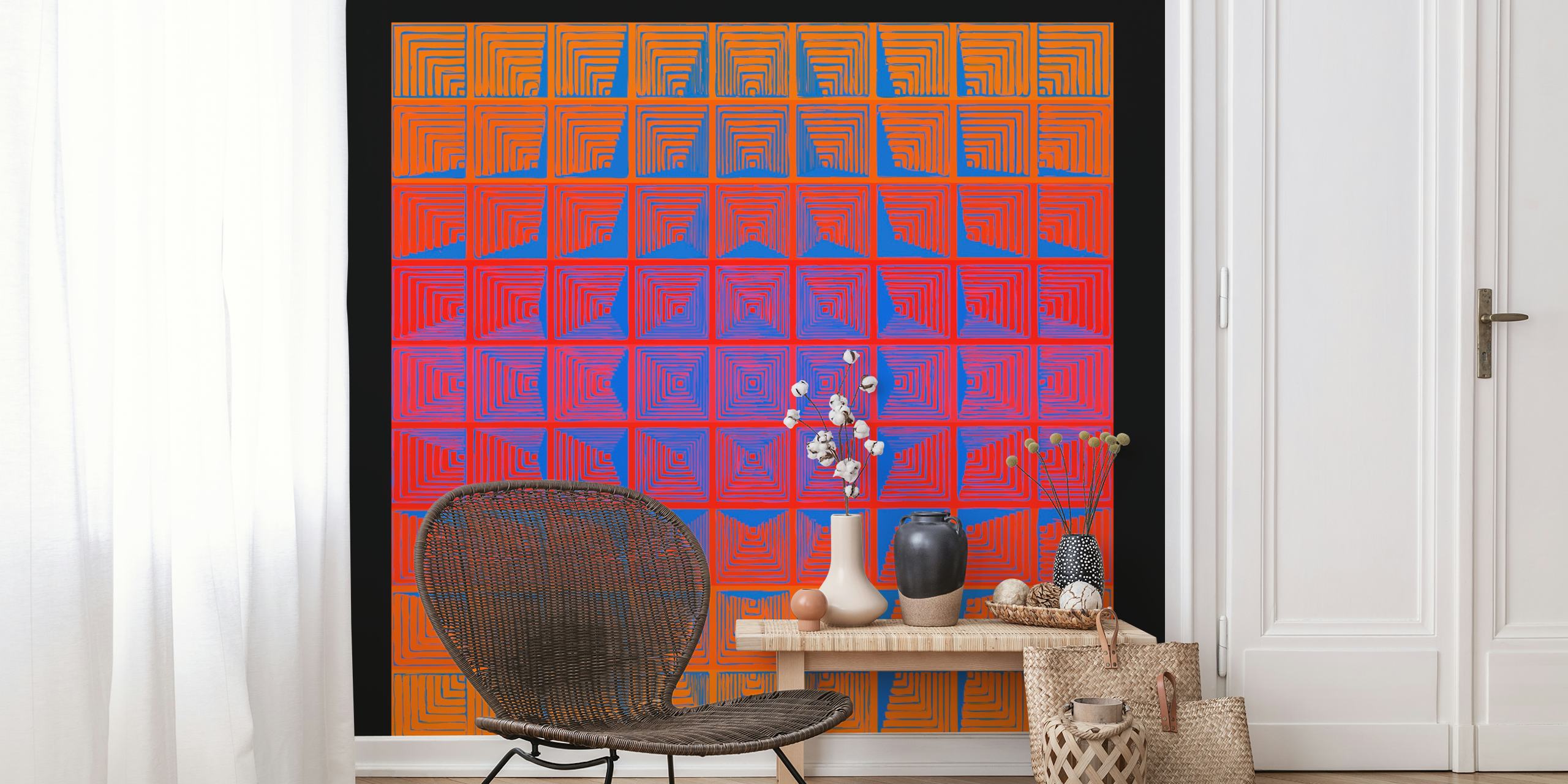 Murale Sunrise des années 70 inspirée de Panton de style rétro avec des motifs géométriques dans des tons ambre et céruléen