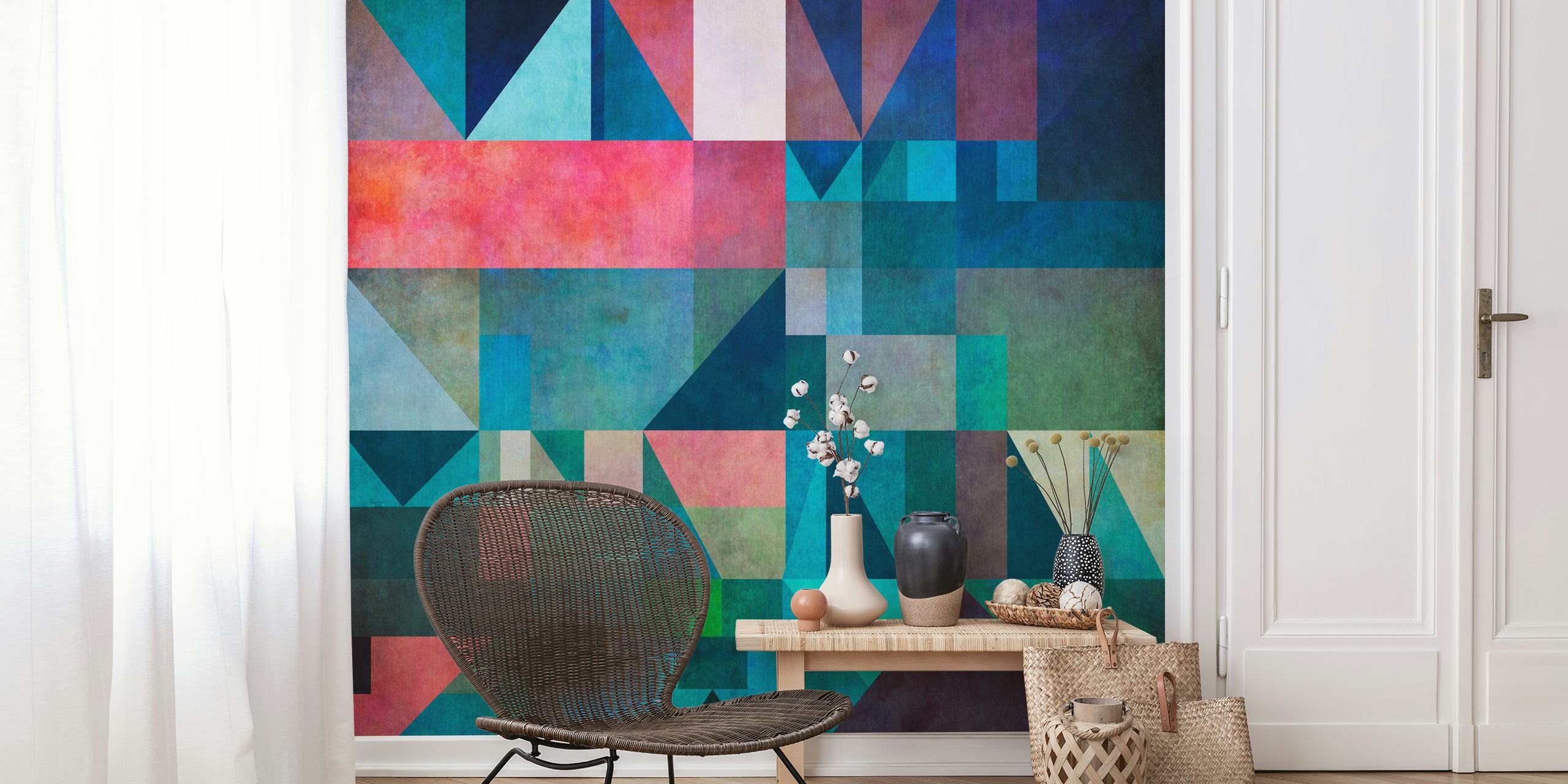 Geometric wallpaper design in a colorful room