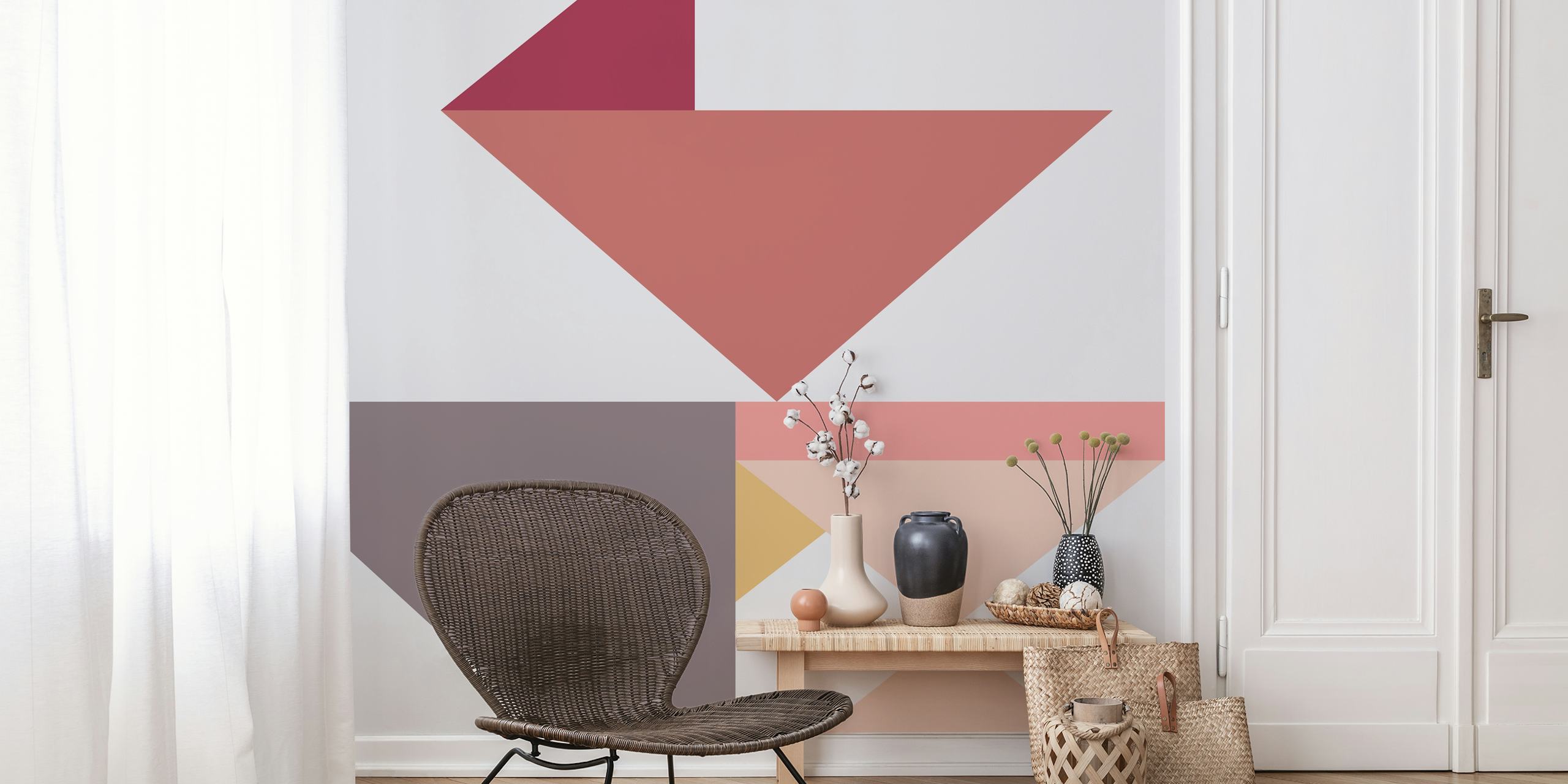 Geometrinen seinämaalaus, jossa on minimalistinen kolmiomuotoilu vaimeissa väreissä