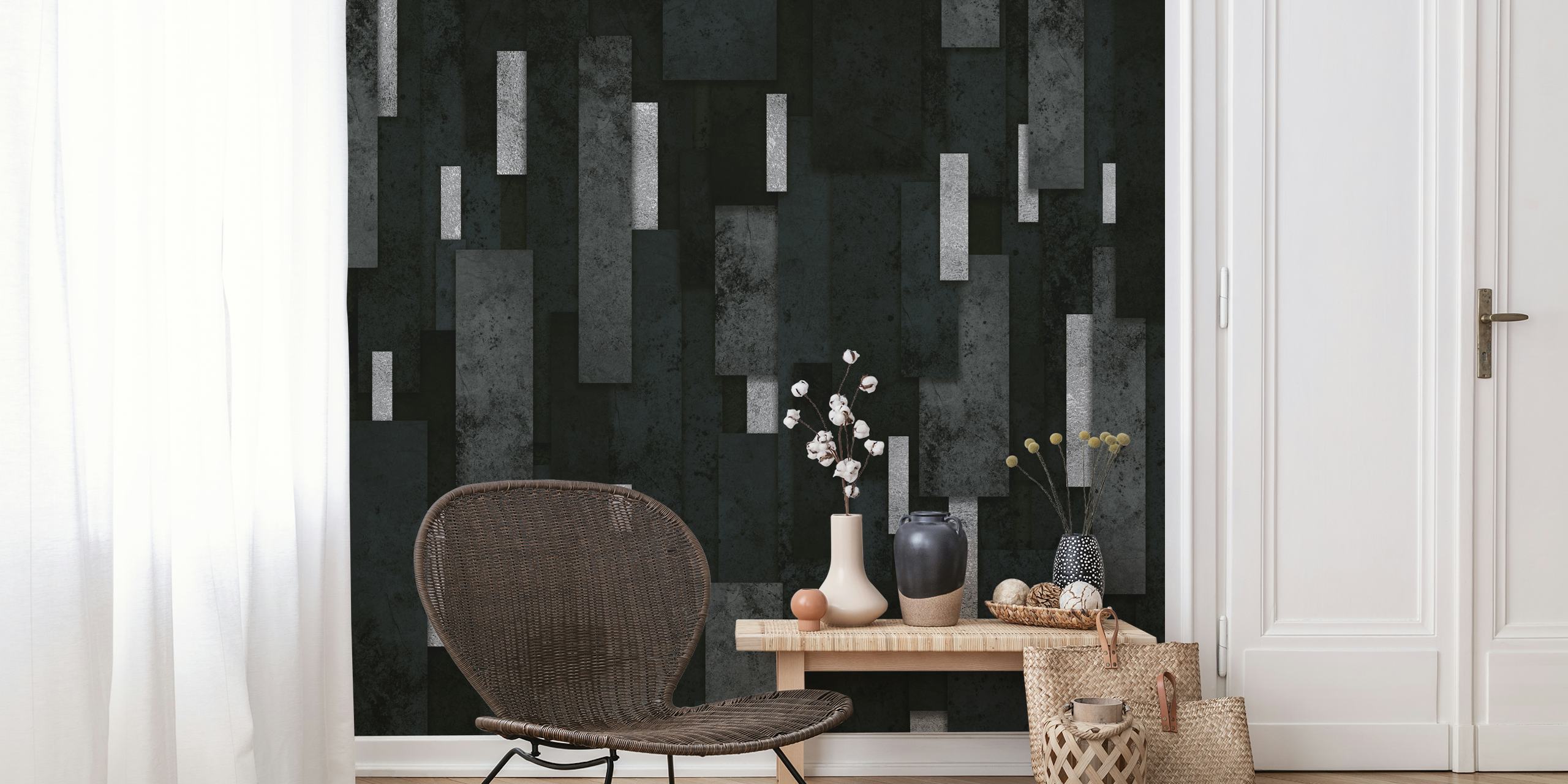 Black Charcoal and Silver Geometric Wall Mural