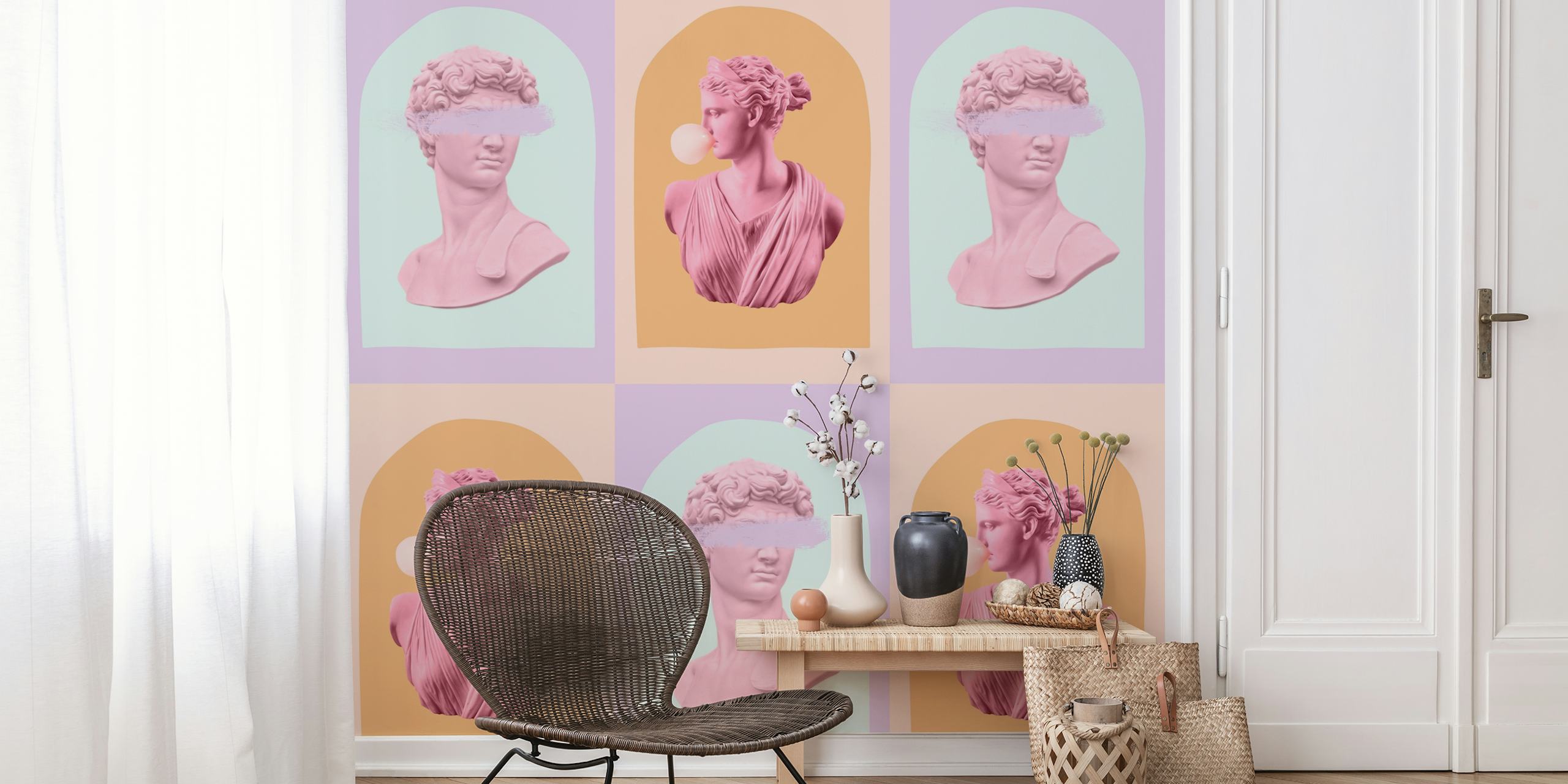 Pastelowa fototapeta Dawid i Artemida z klasycznymi rzeźbami w delikatnych barwach