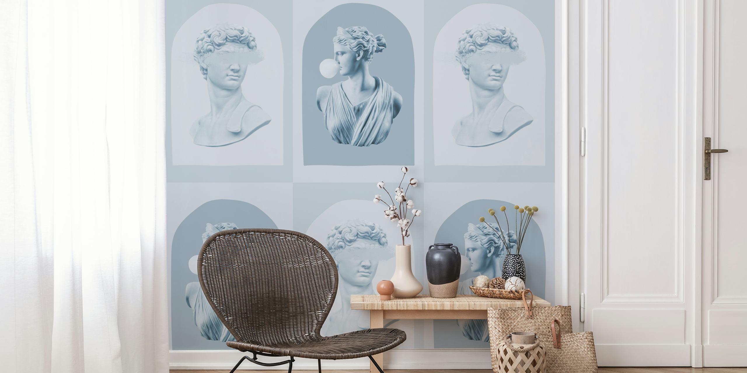 Blue David and Artemis wallpaper displayed in a room