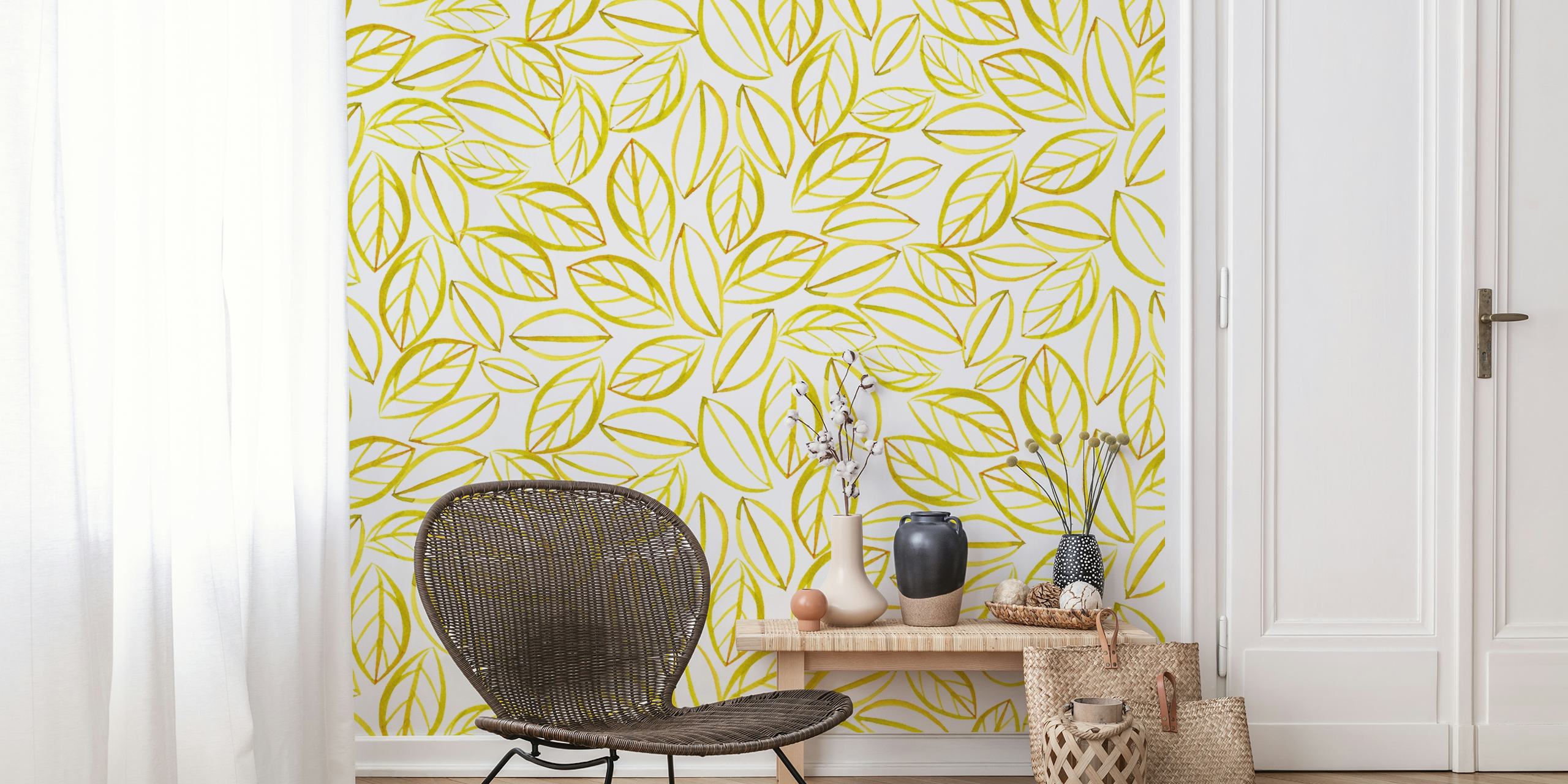 Papier peint mural sticker de feuilles vert citron sur fond blanc