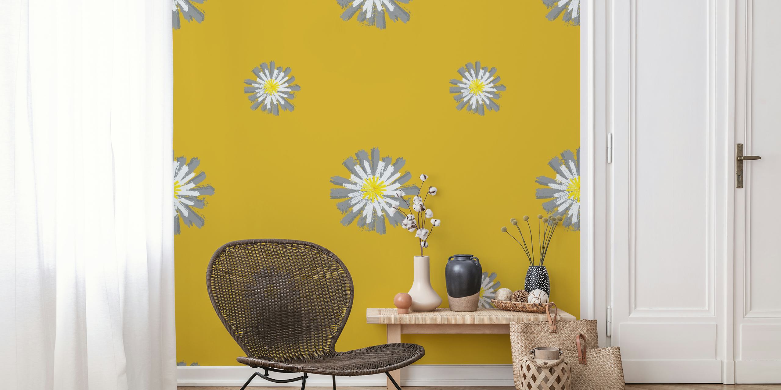 White daisies with yellow centers on a mustard yellow background for wall mural