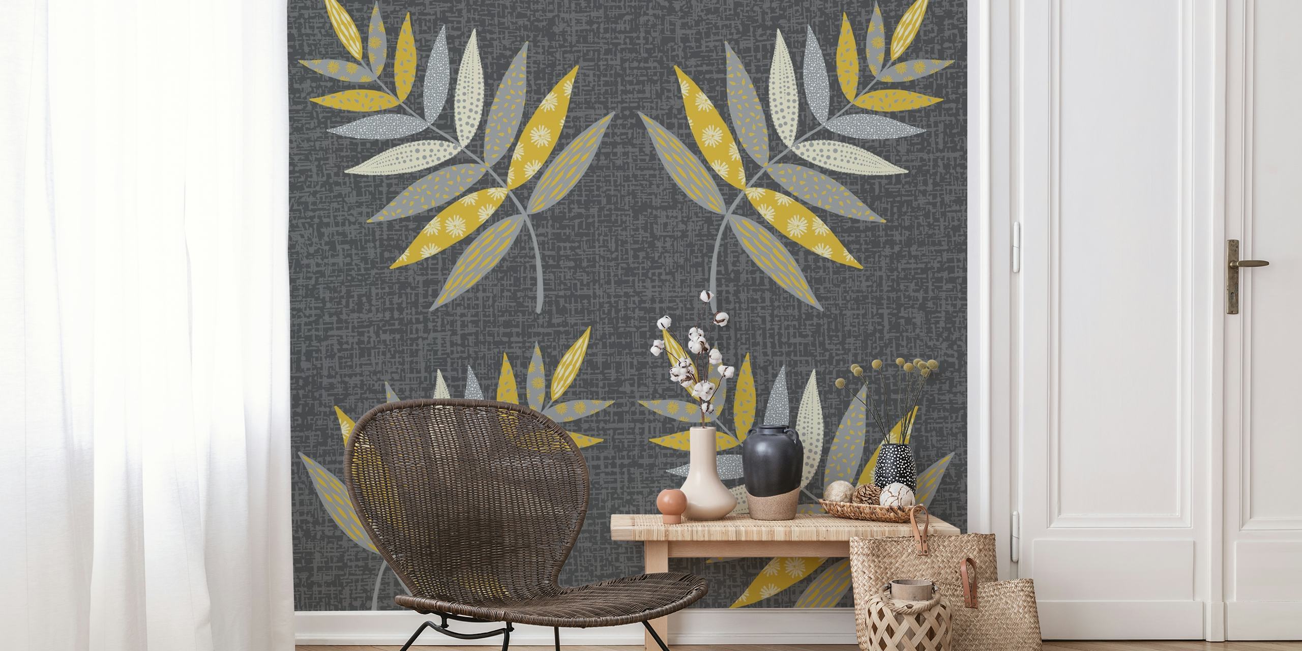 Stylish grey wall mural with patterned leaves in earth tones