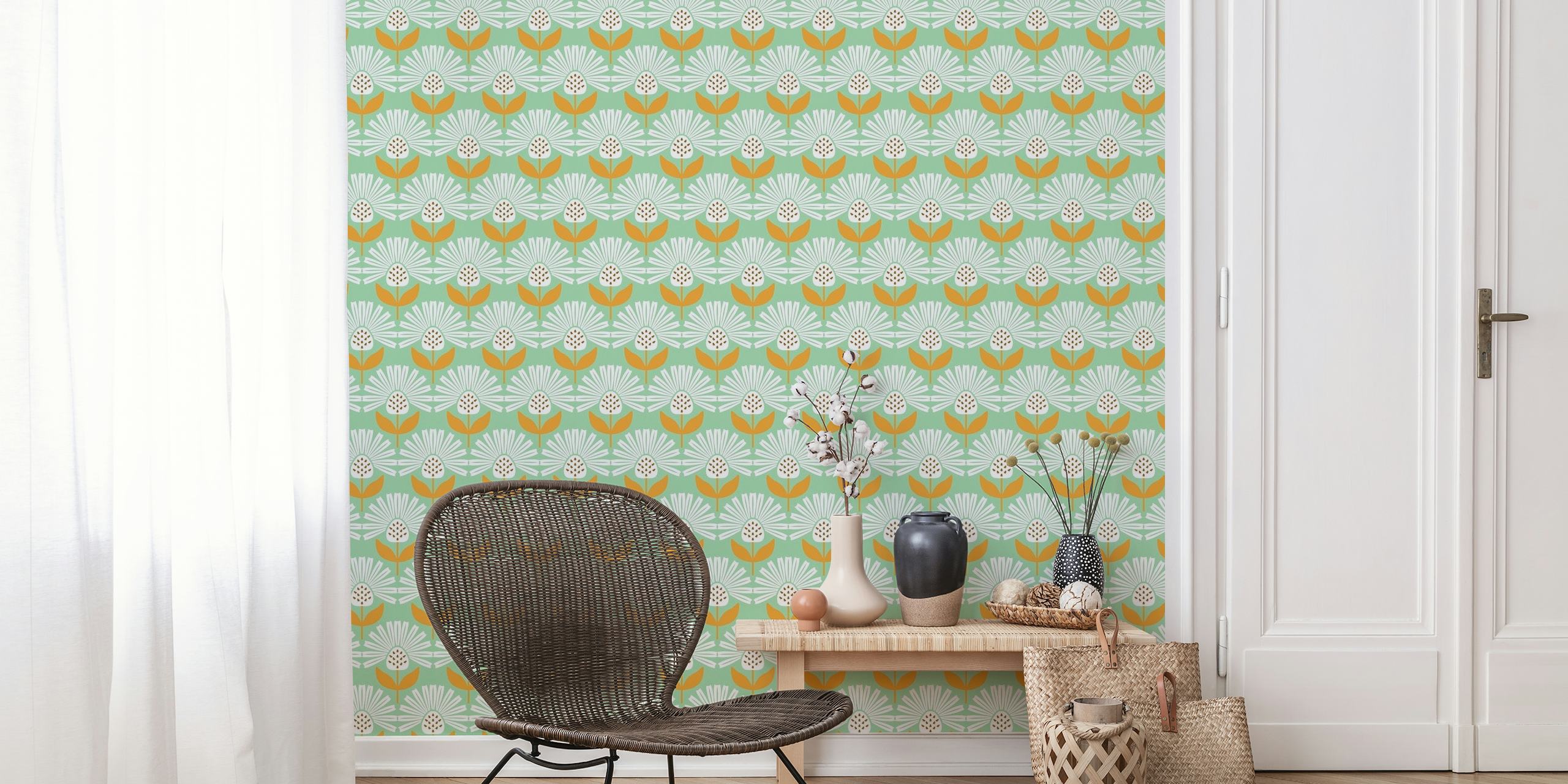 Mid century modern style floral pattern wall mural in teal and orange