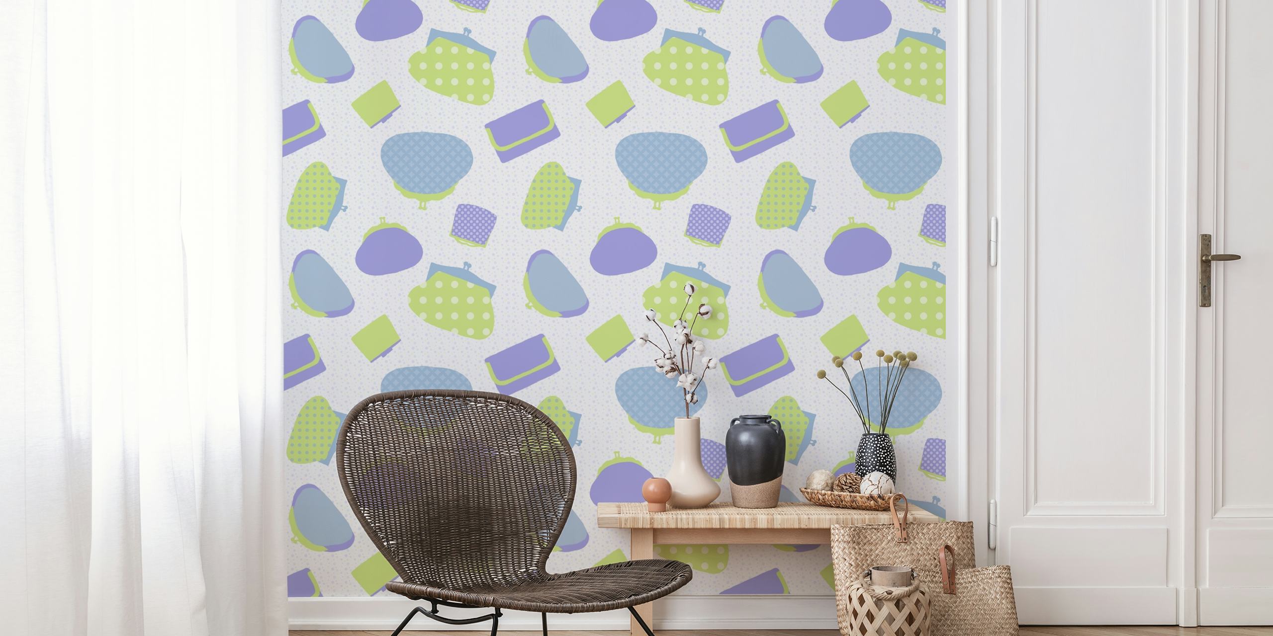 Vintage purse pattern in pastel colors on white background wallpaper