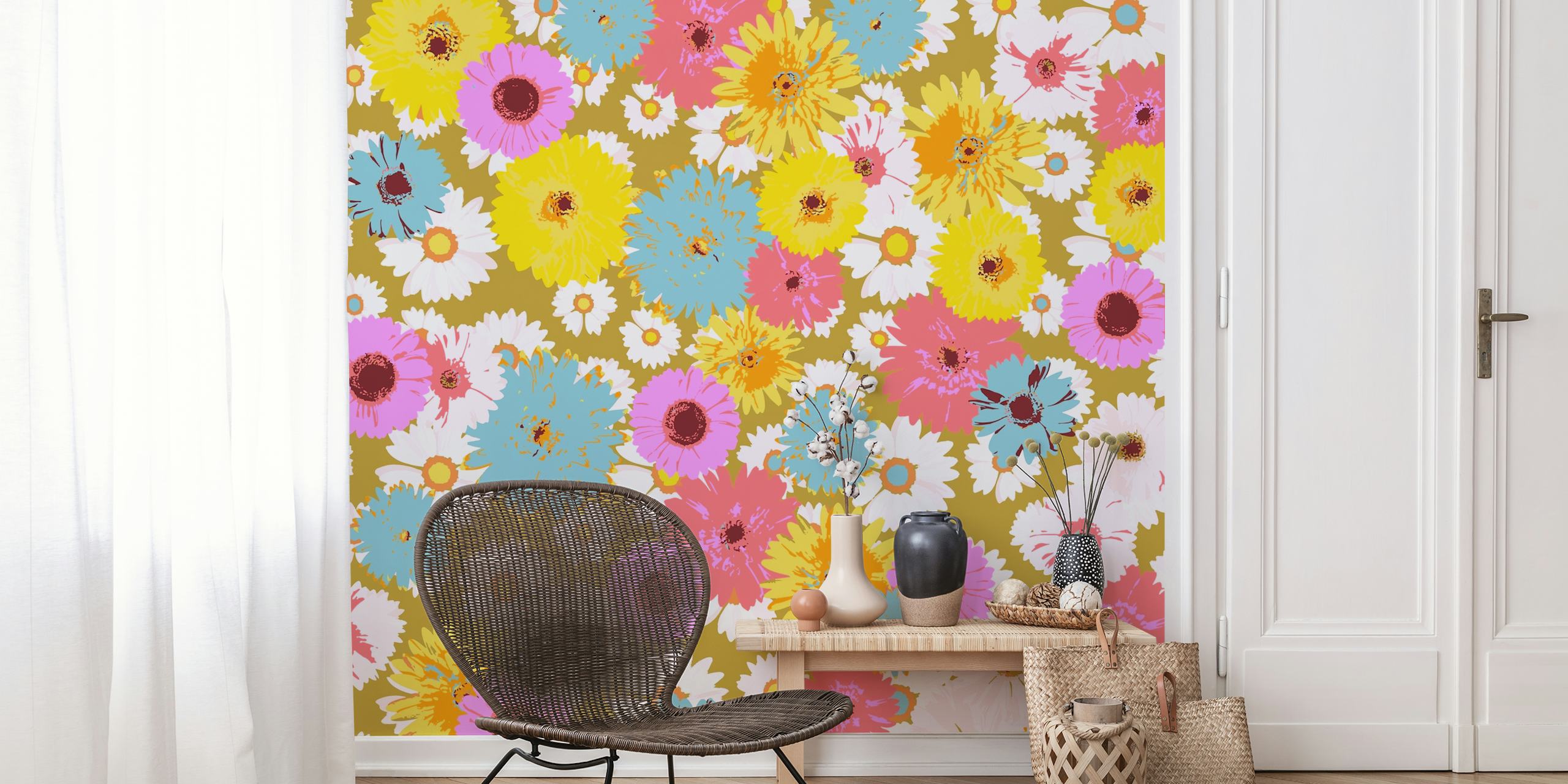 Colorful flowers in pink, blue, yellow on a gold background wallpaper