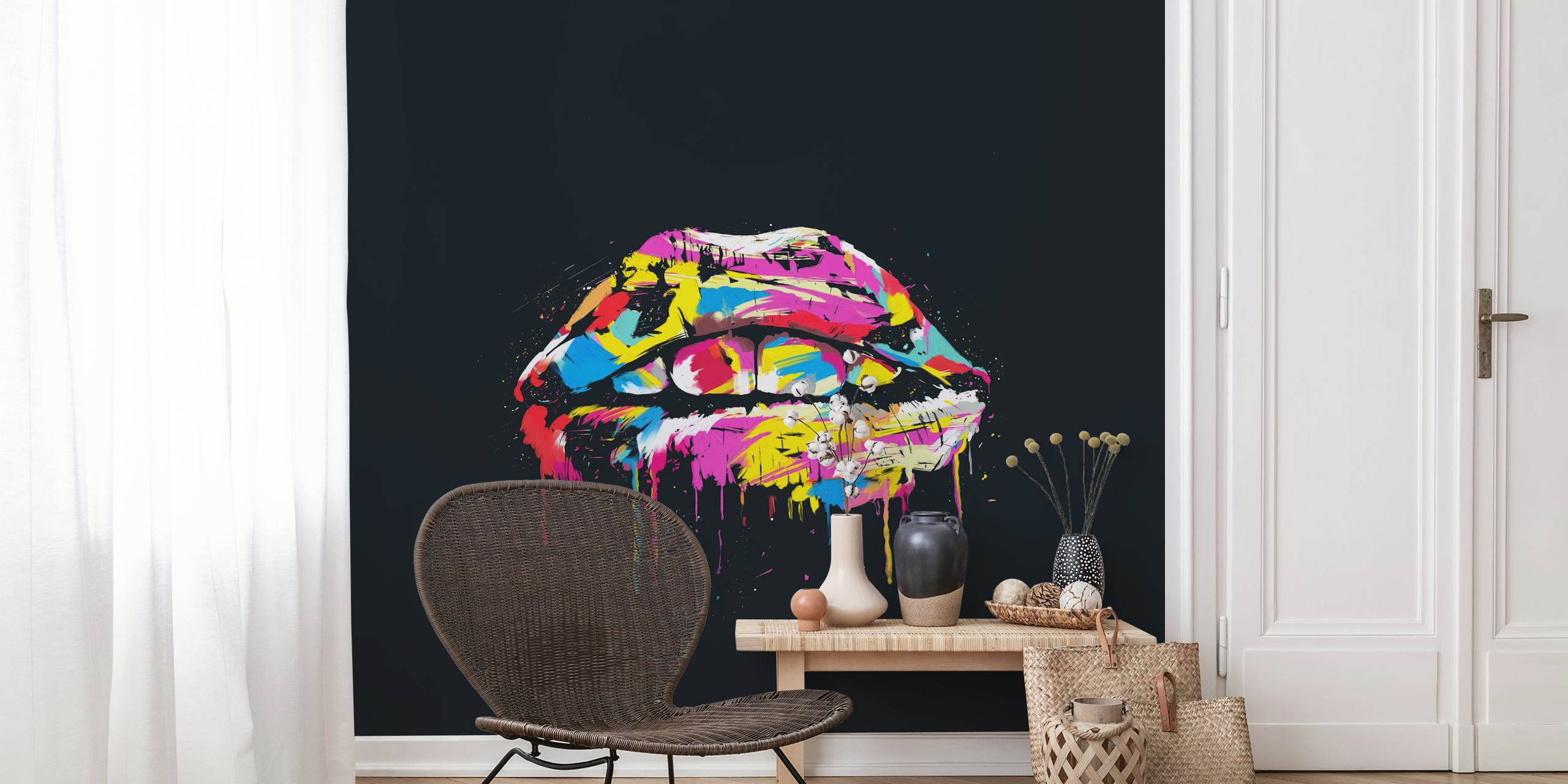 Colorful lips with bright paint drips against a black background wallpaper