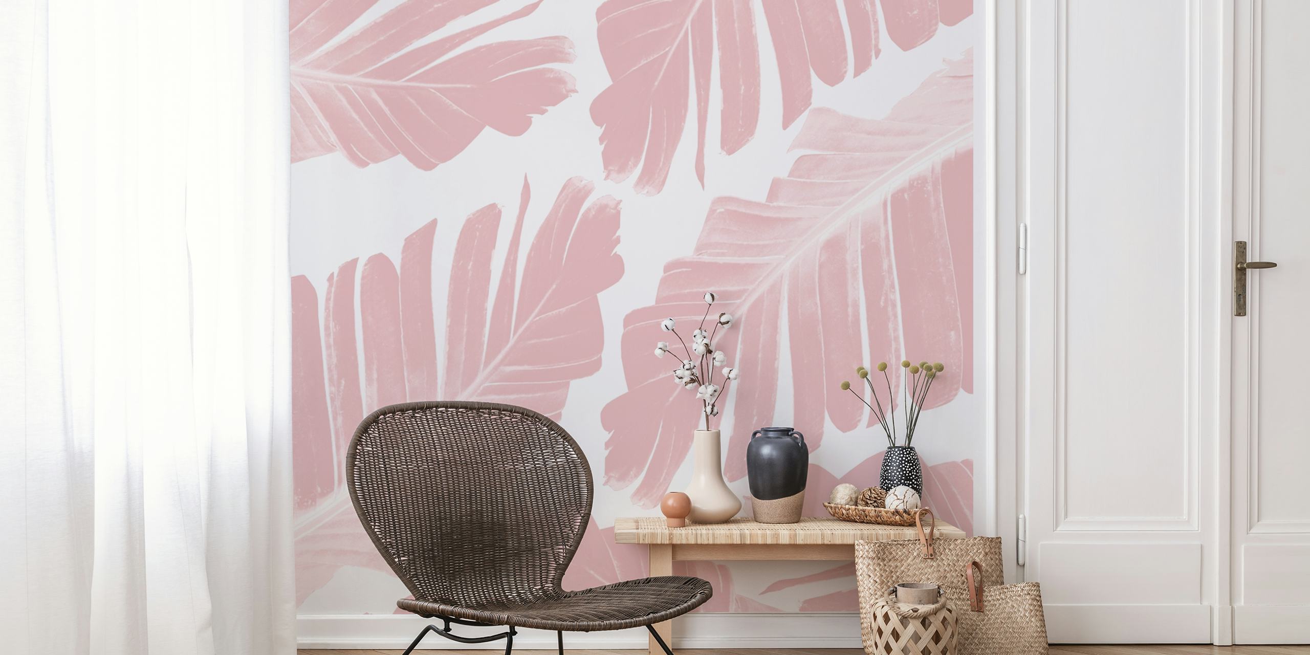 Pink banana leaves on white background tropical wallpaper