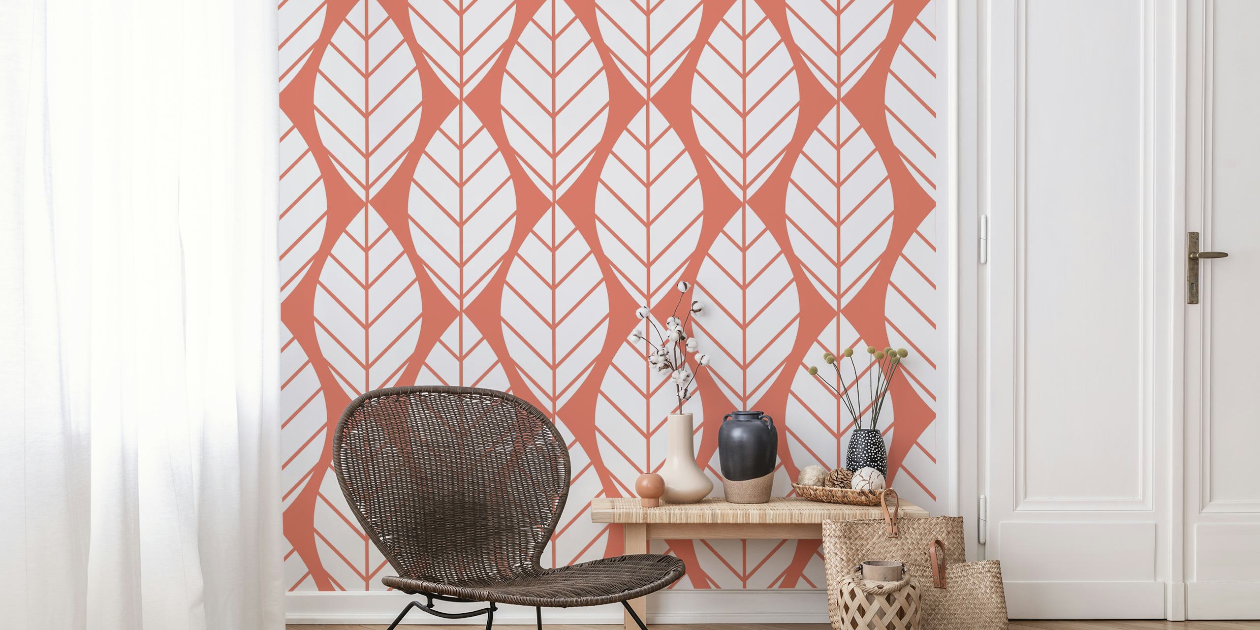 Pastel coral leaves pattern, white outlines, botanical wallpaper