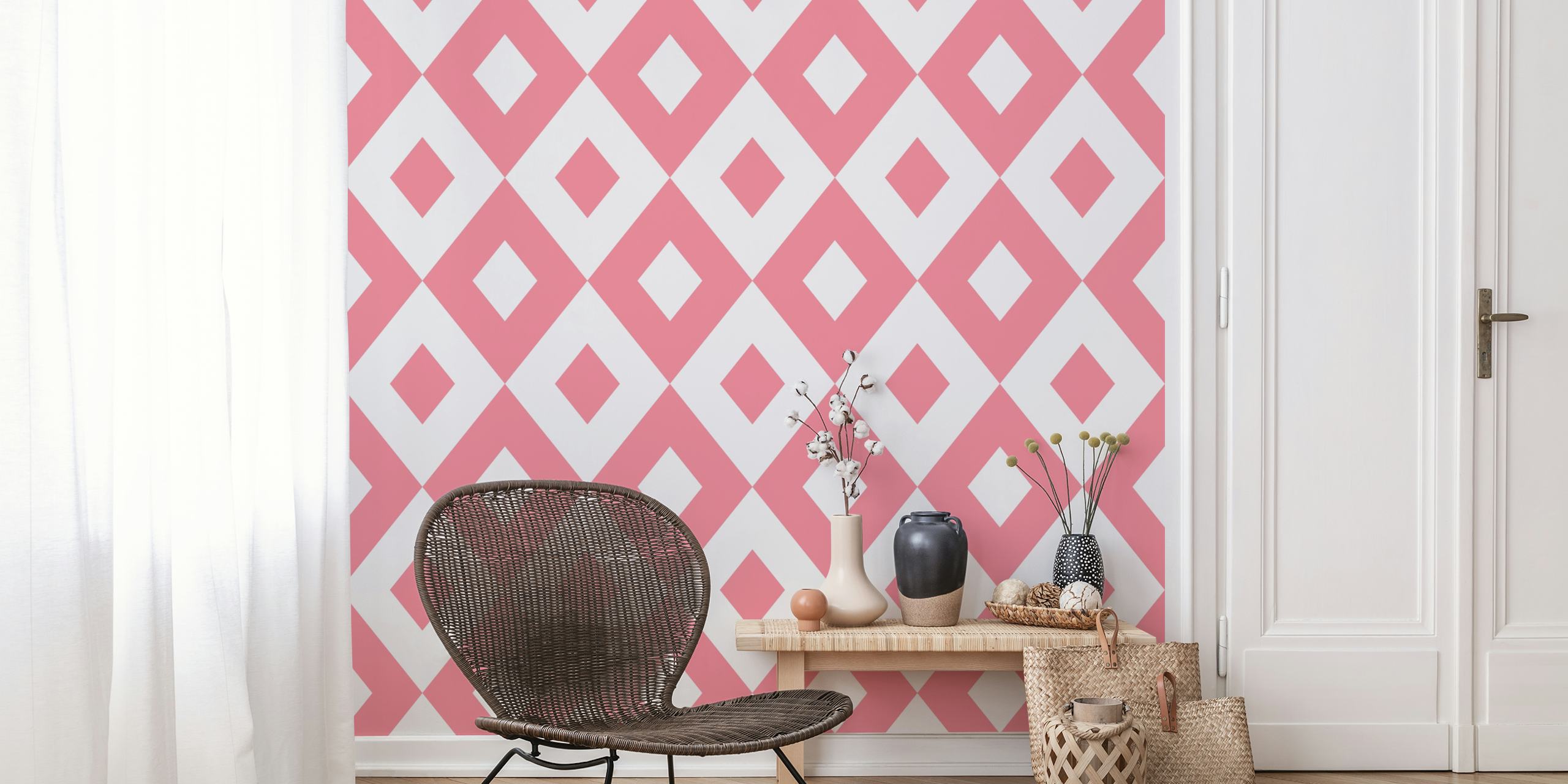 Geometric rhombus pattern in flamingo pink and white for wall mural