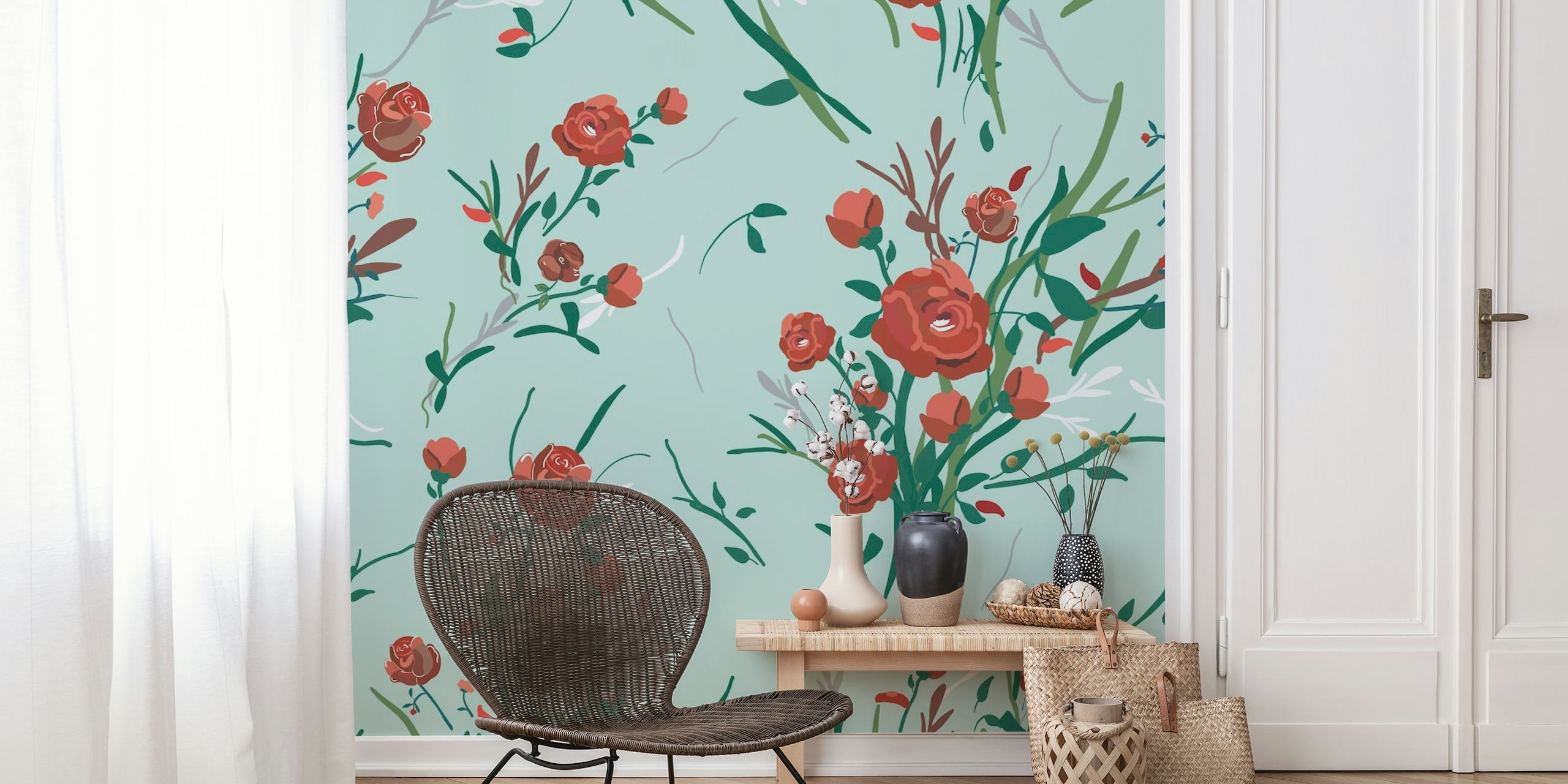 Trendy florals pattern wall mural with red and green on a soft blue background