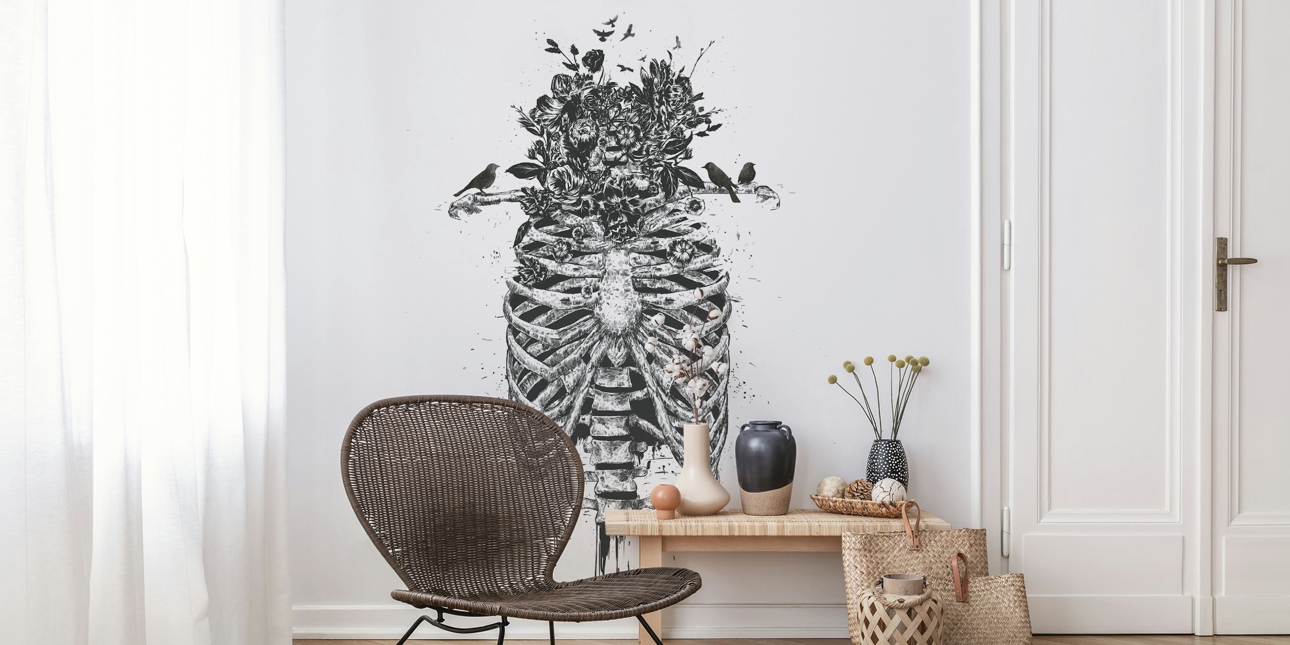 Black and white floral skeleton wallpaper with birds and flowers