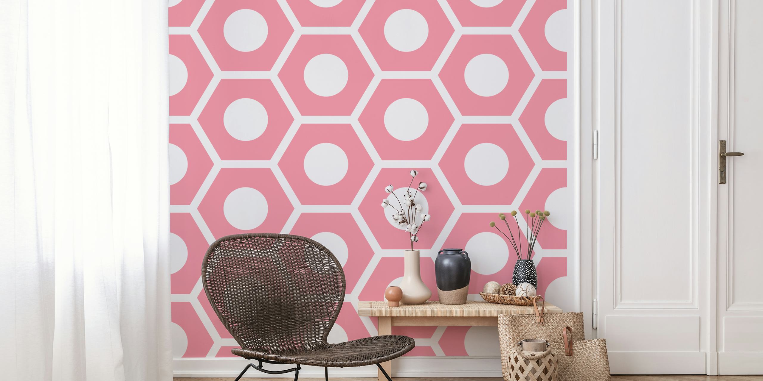 Papel pintado Pink White Hexagon Pattern en una habitación