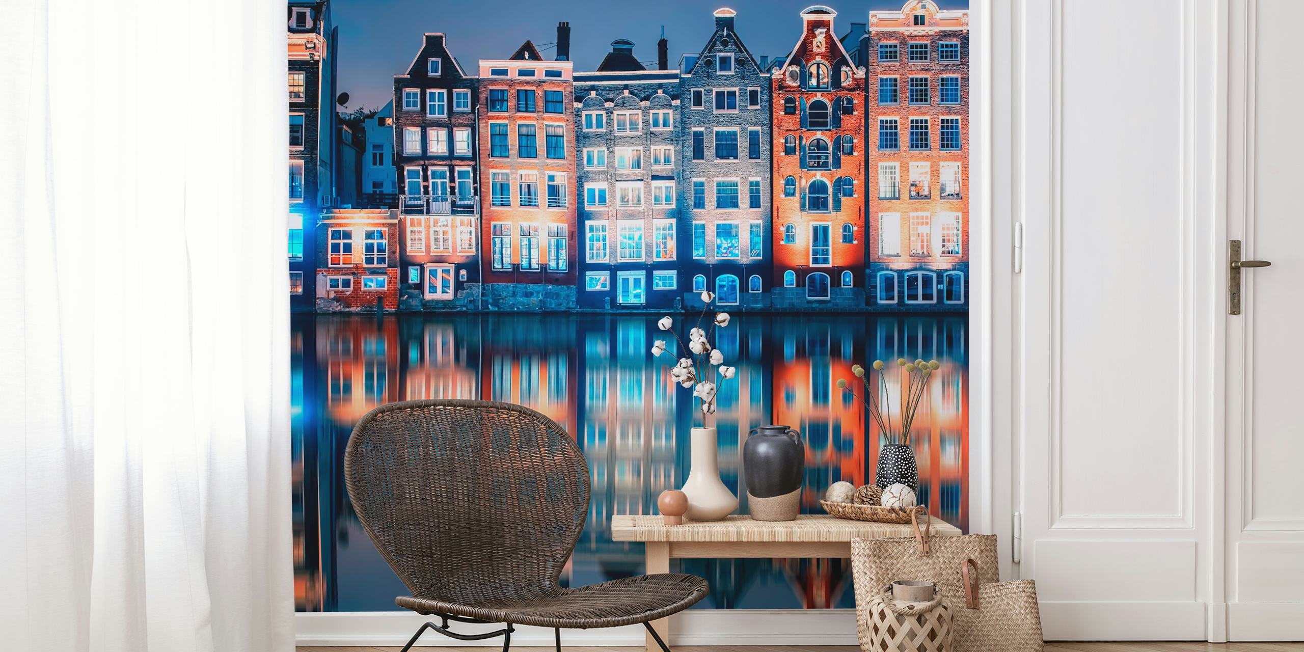 Amsterdam canal night scene wallpaper with colorful buildings and reflections