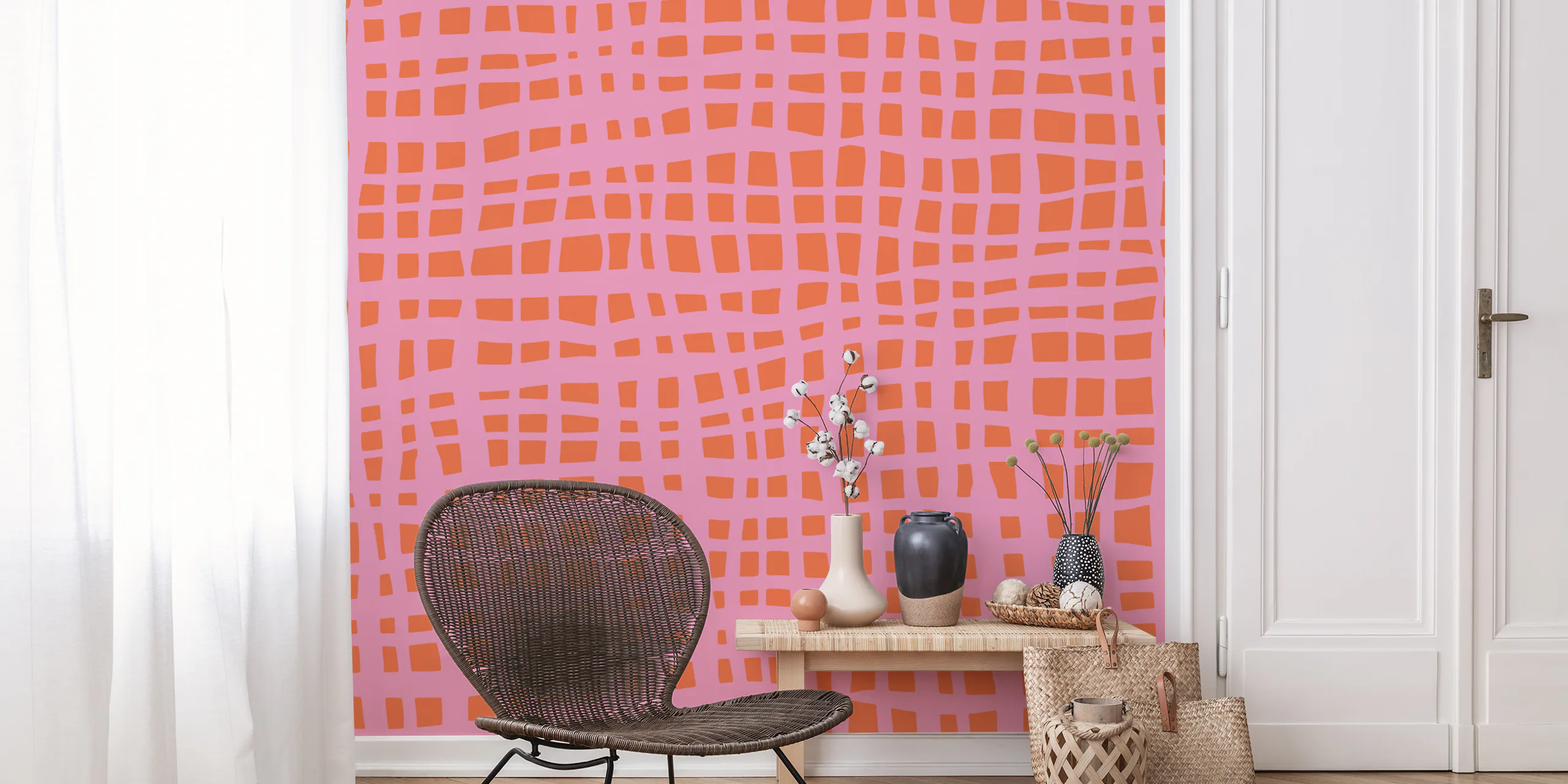 Retro Grid Pattern Orange Pink Wallpaper | Happywall
