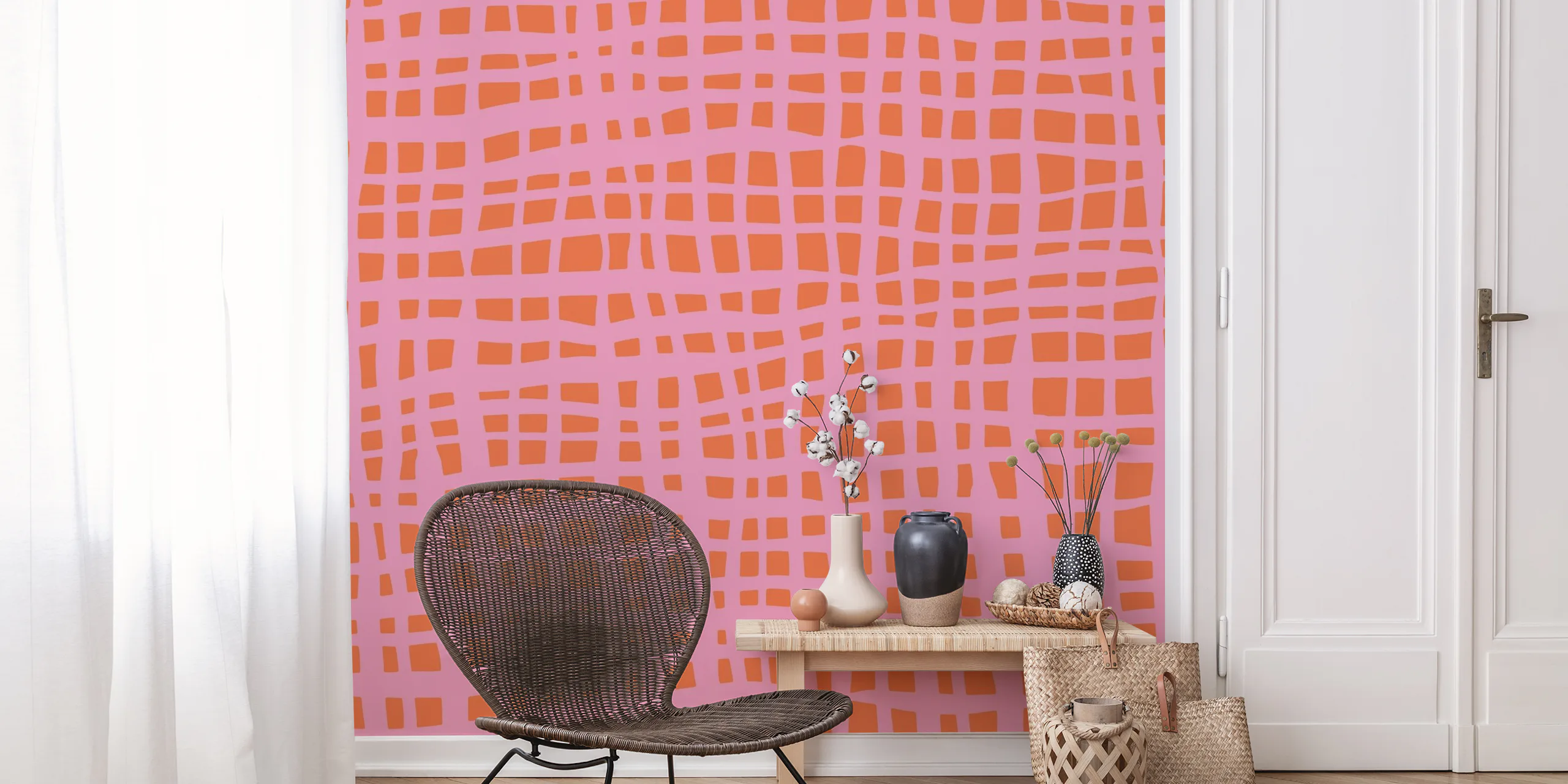 Retro Grid Pattern Orange Pink Wallpaper | Happywall